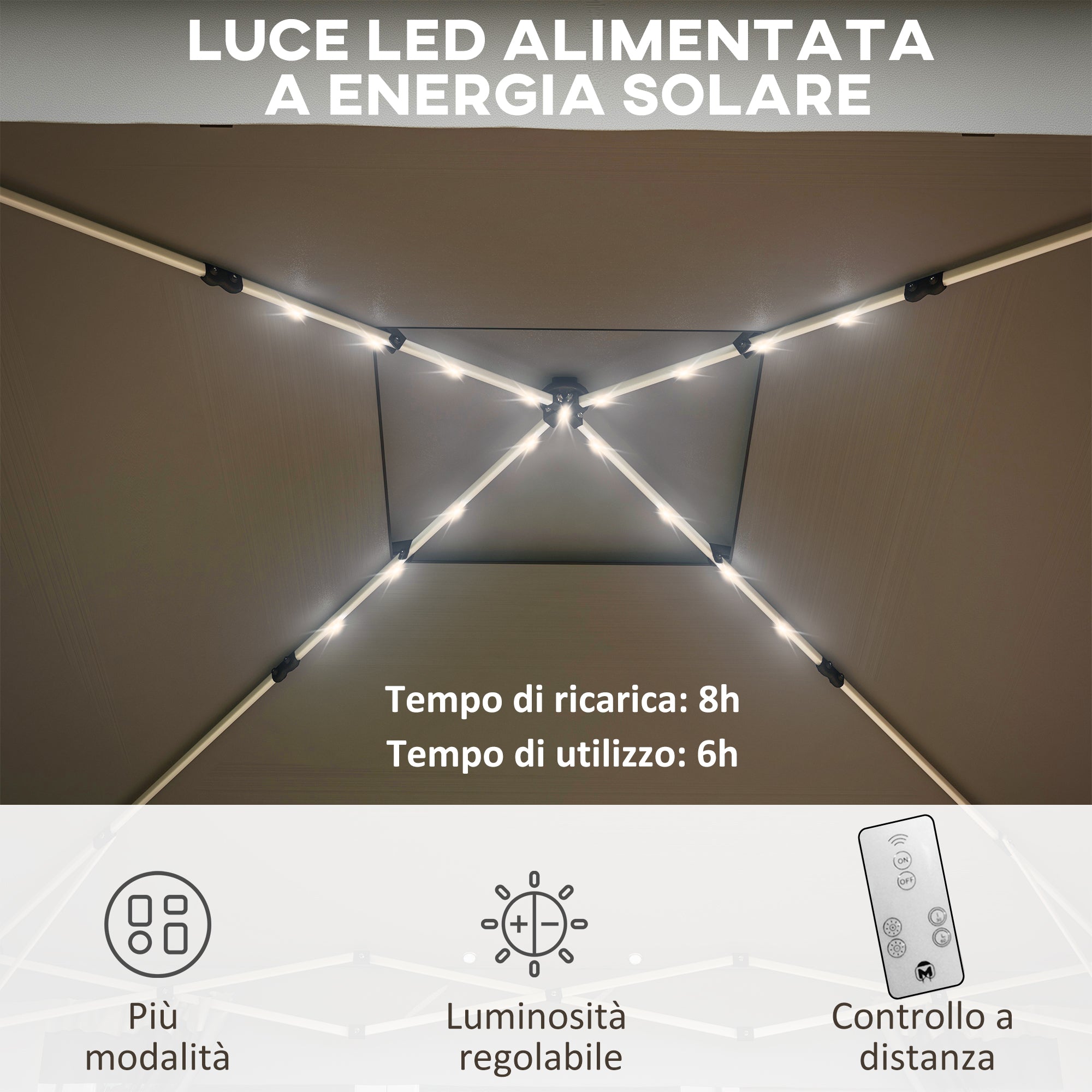 EasyComfort Gazebo da Giardino ad Altezza Regolabile with Luci LED, in Acciaio e tessuto Oxford, 336x336x250-270 cm, Grigio