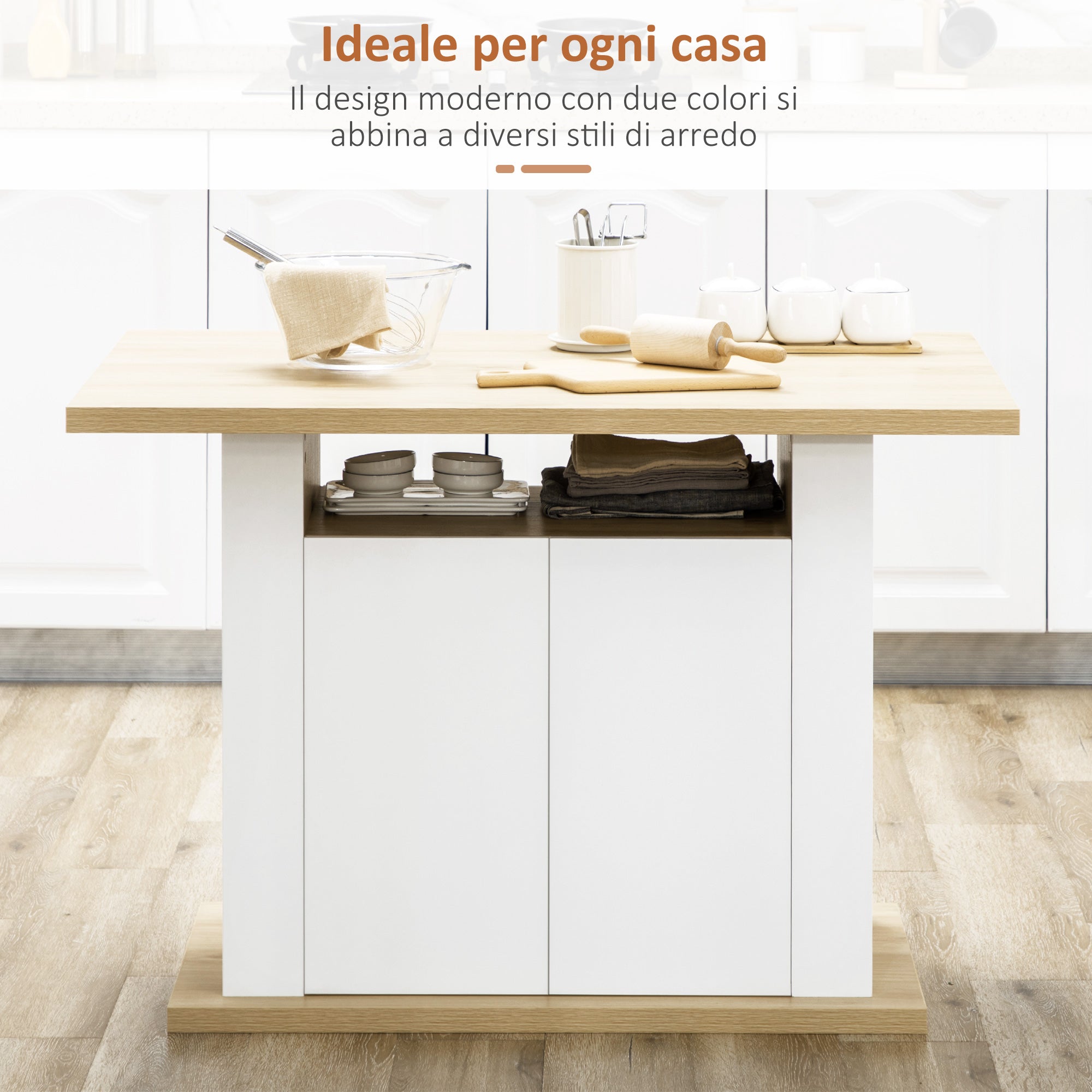 EasyComfort Isola keukeneiland voor 4-6 personen, met kasten en open planken, 110x70x75.5 cm