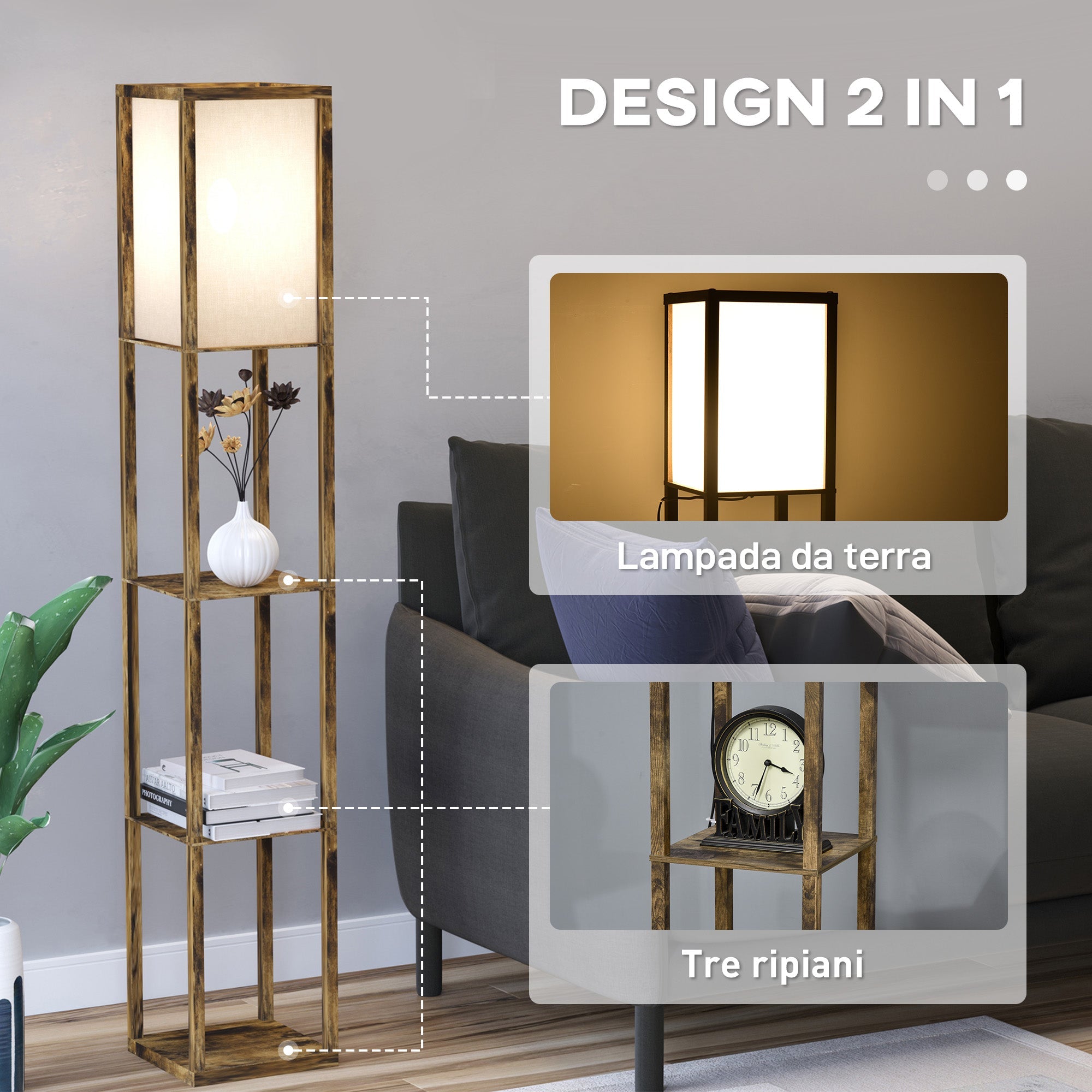 EasyComfort Vloerlamp met 3 planken, E27 40W, 26x26x160 cm houtkleur