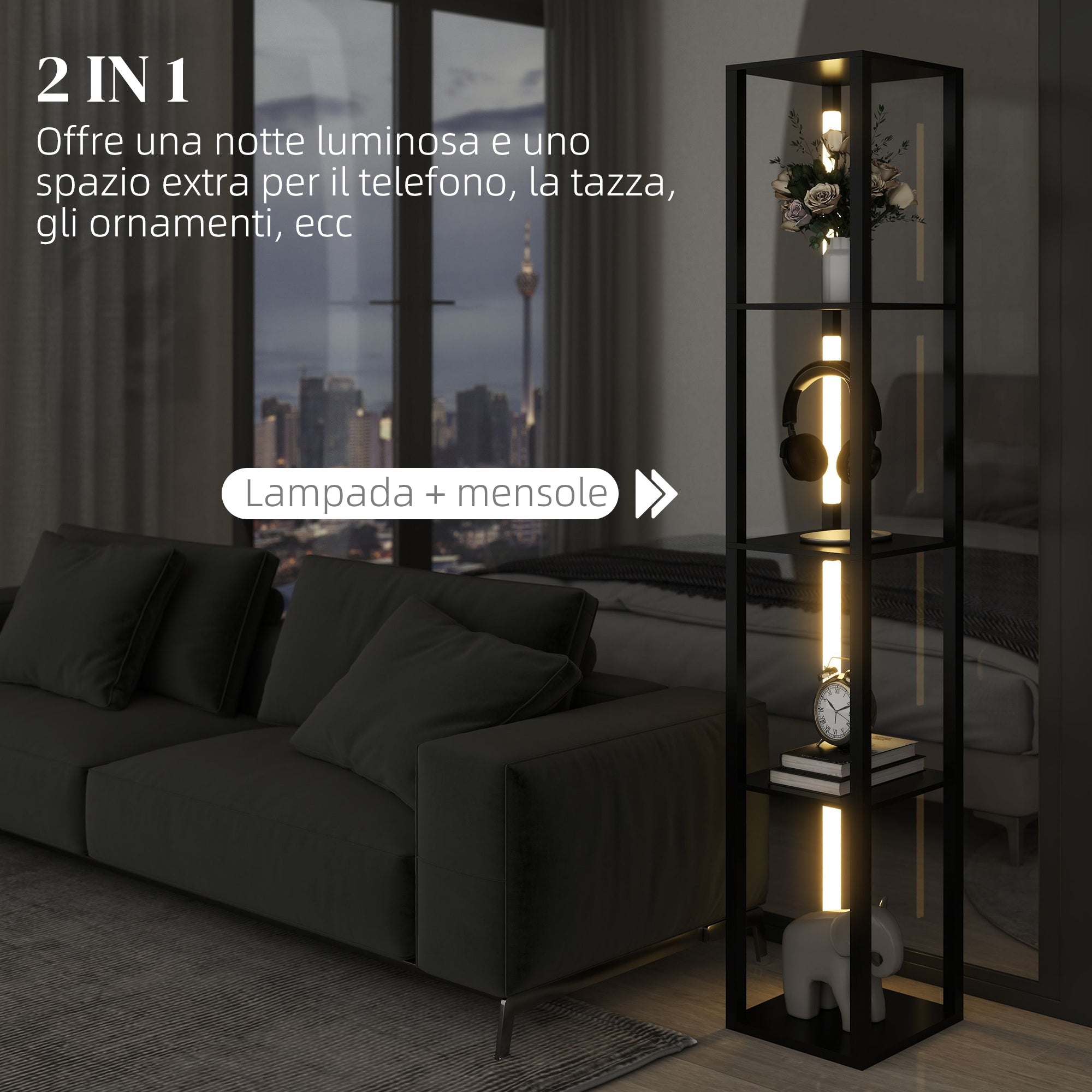 EasyComfort vloerlamp met 4 planken, 3 dimstanden, 29x29x163 cm