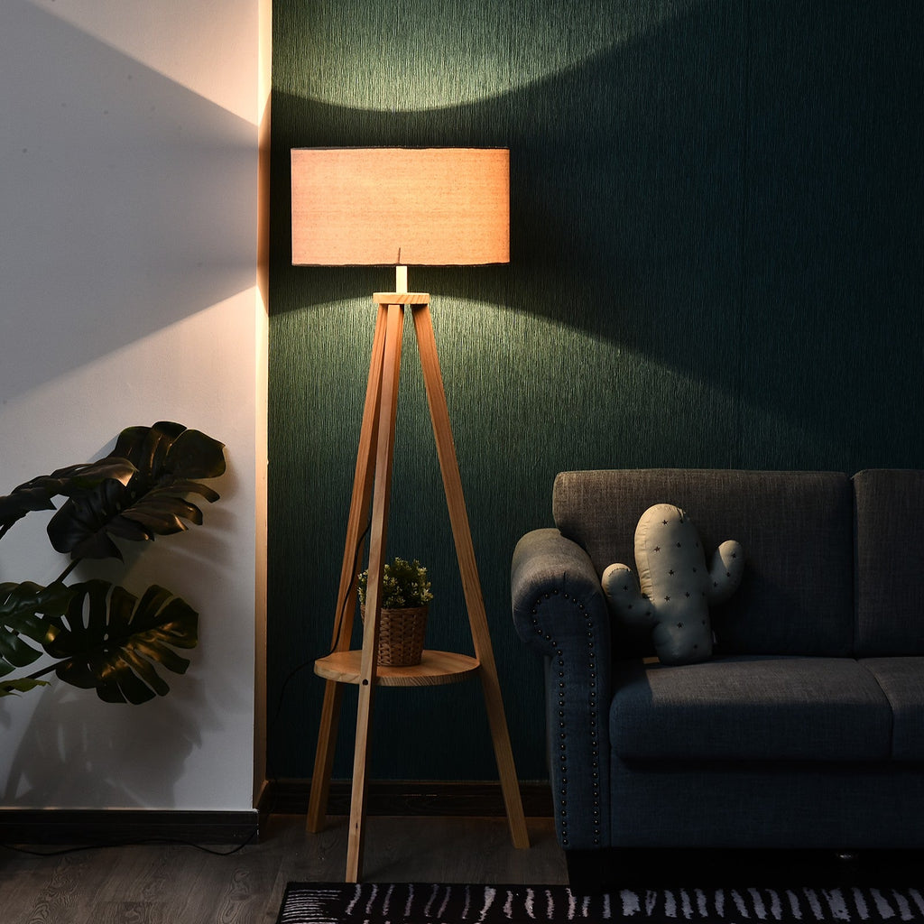 Easycomfort Lampada da Terra with Ripiano Intermedio Paralume in Lino Interruttore a Pedale Risparmio Energetico Altezza 154cm, Legno, 50x50x154 cm