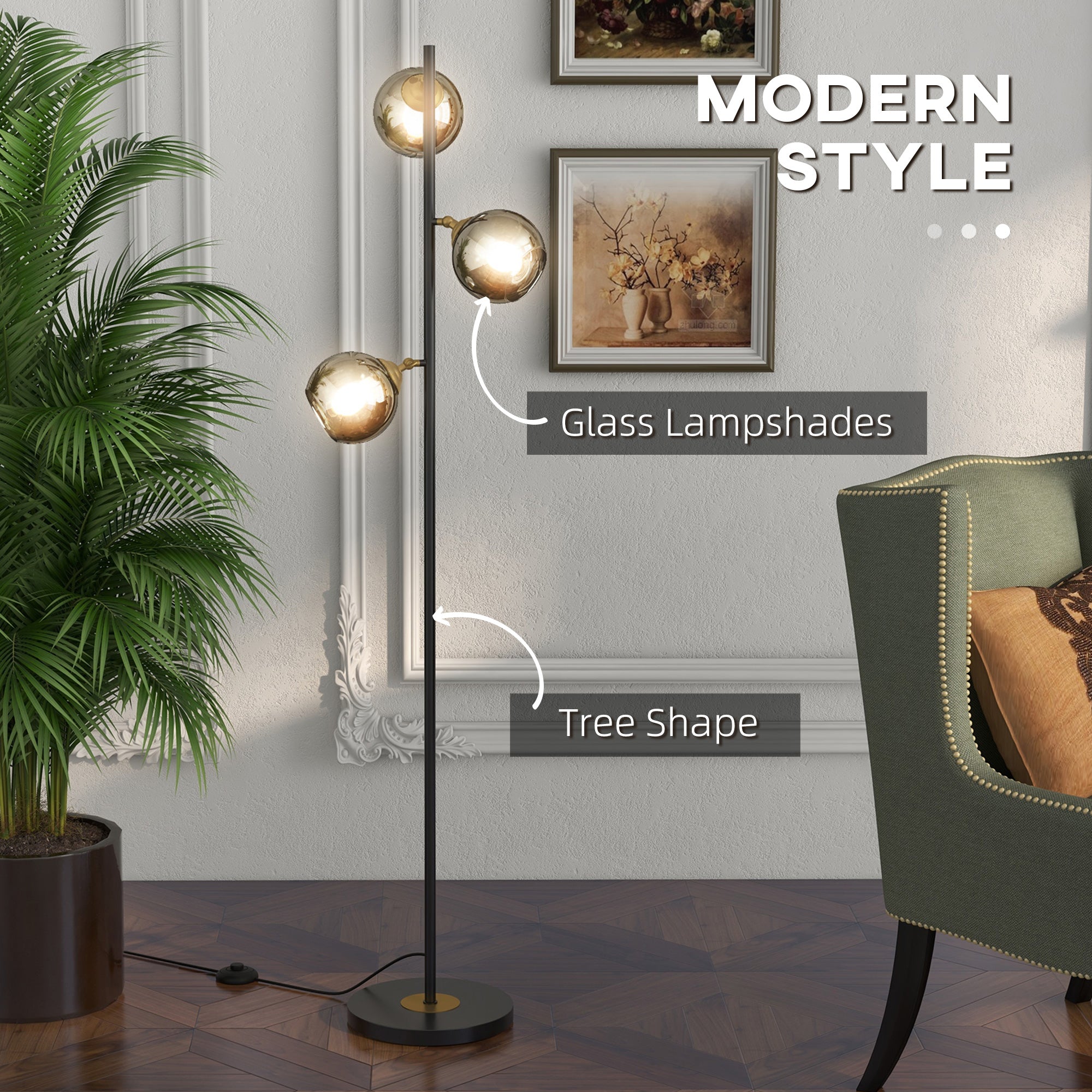 EasyComfort Staande lamp (3 glazen kappen) Ø36×162A cm, zwart/grijs