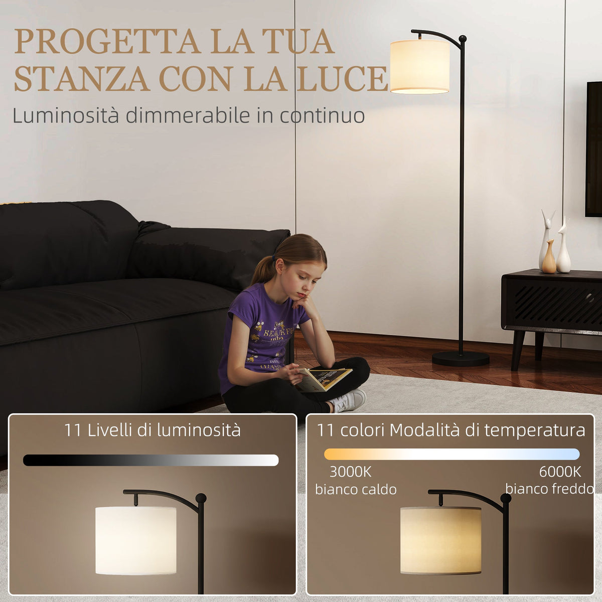EasyComfort LED-vloerlamp dimbaar – 11 kleurtemperaturen, 11 helderheidsniveaus, timer (zwart)