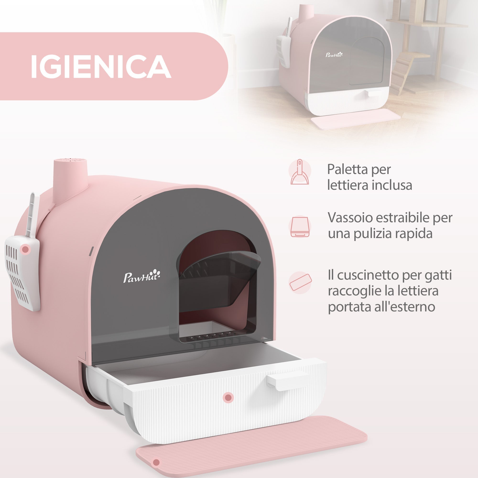 EasyComfort Lettiera per Gatti Chiusa con Filtri, Paletta e Vassoio, Struttura in PP, 43x44x47cm, Rosa
