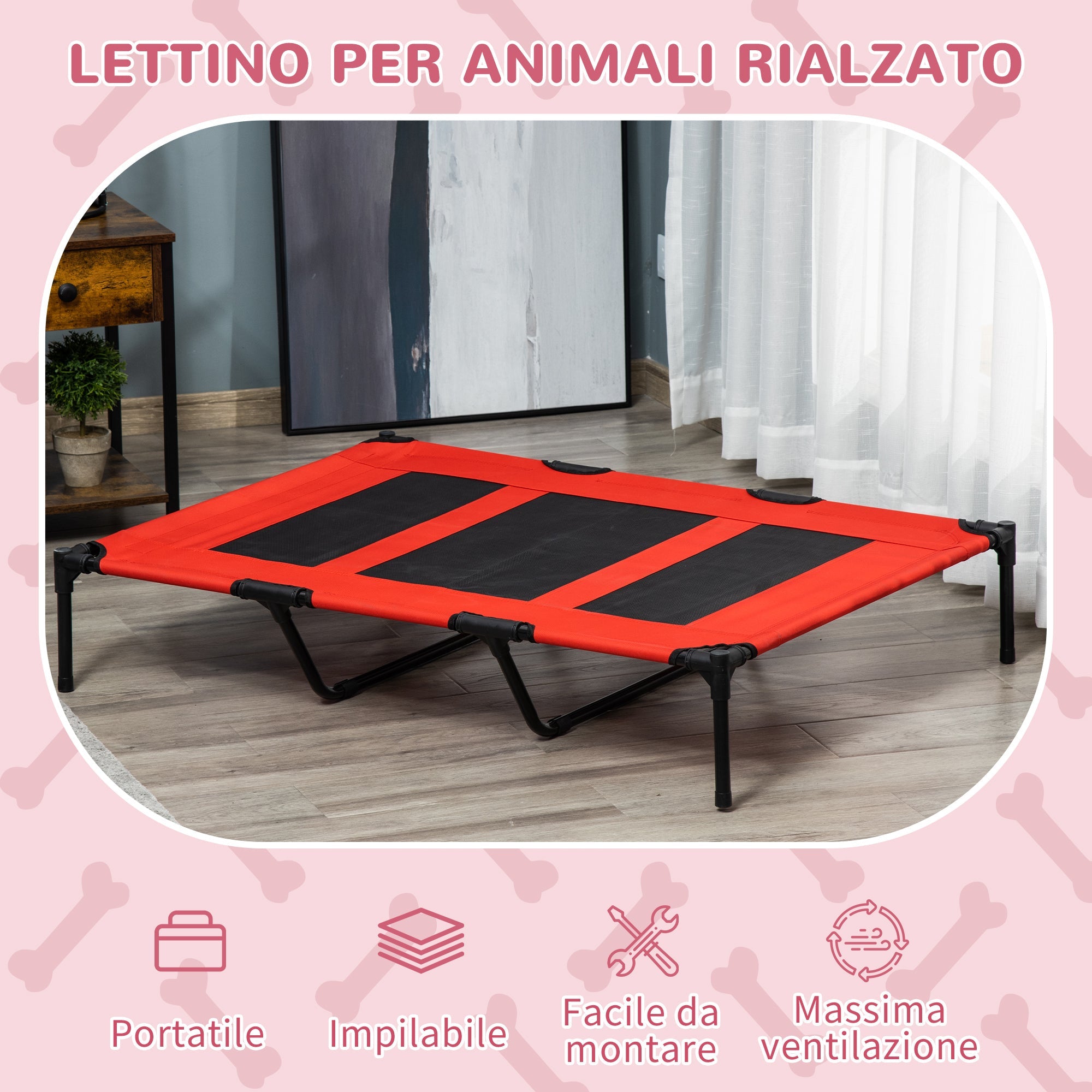 EasyComfort Lettino per Cani 50kg max Rialzato con Borsa da Viaggio, in Metallo e Tessuto Oxford, 122x92x23 cm, Rosso