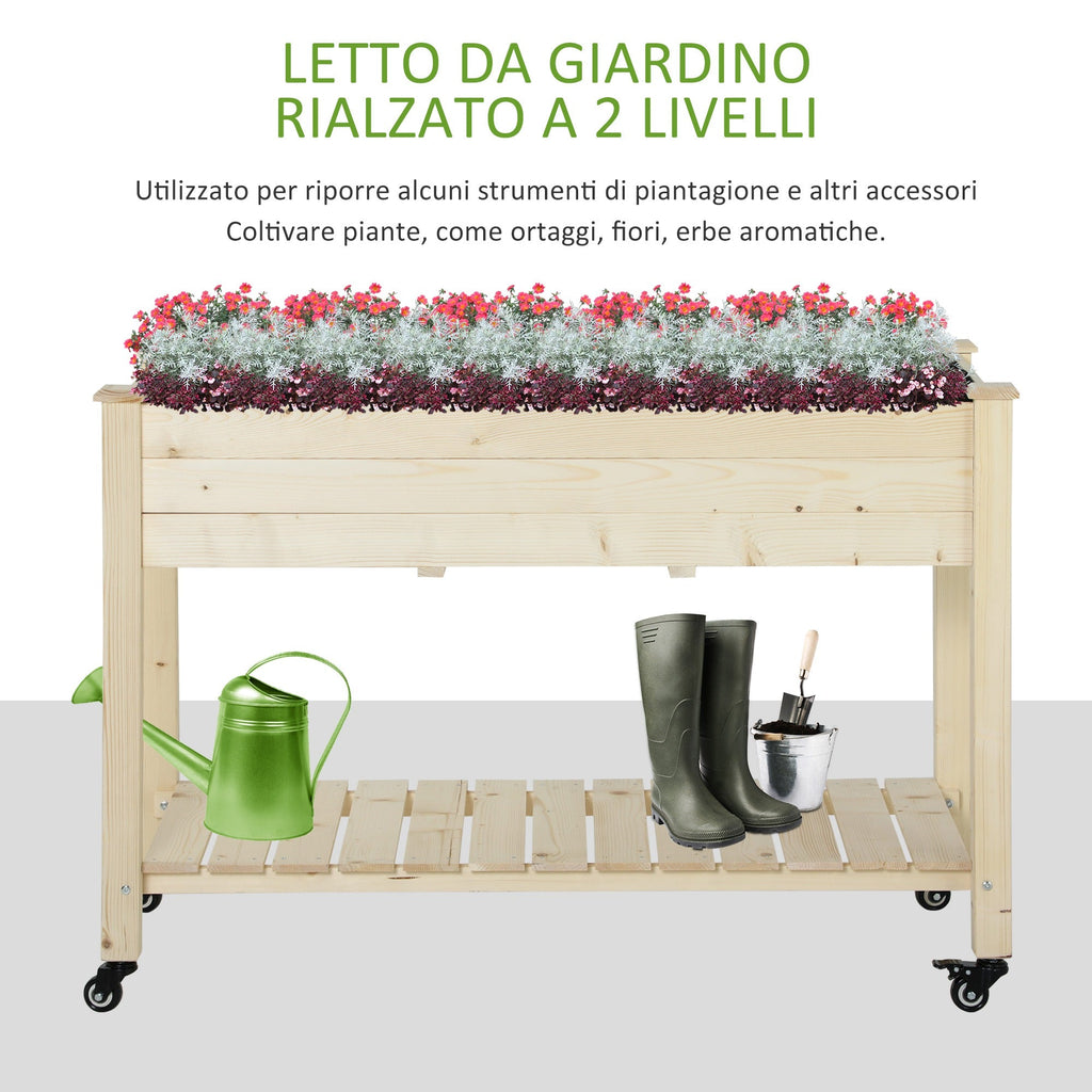 EasyComfort Letto per Orto Rialzato in Legno with Rotelle e Ripiano Inferiore, 118x55x83cm, Legno Naturale
