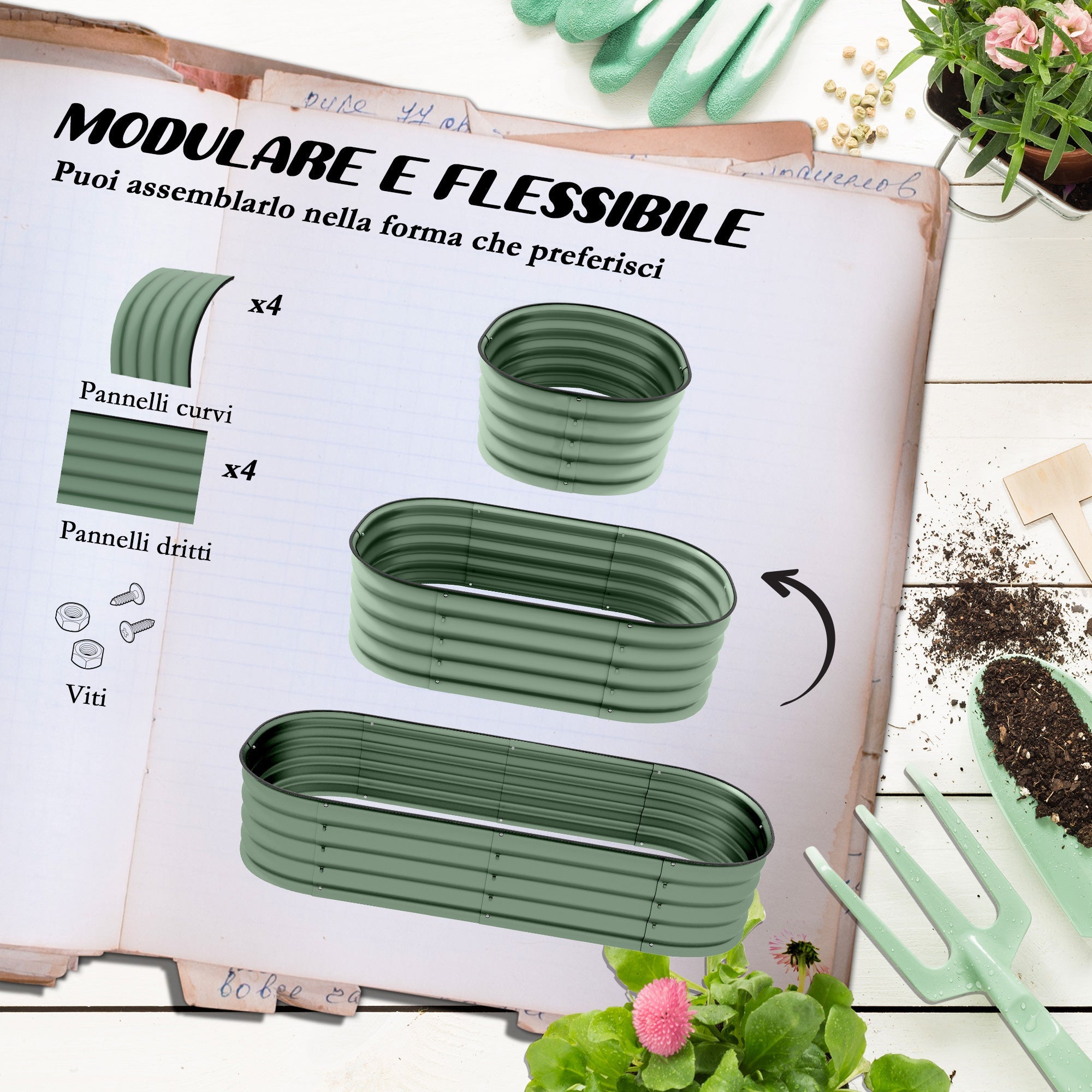 EasyComfort Letto per Orto Rialzato Modulare 150x62x30cm in Acciaio Galvanizzato with Fondo Aperto, Verde