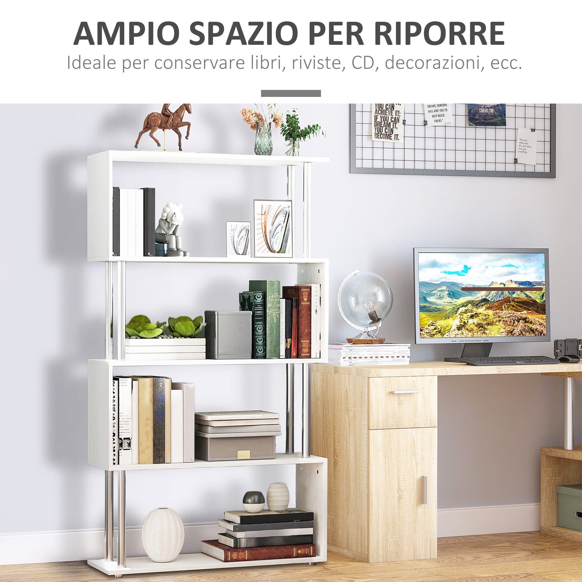 Easycomfort Libreria a 4 Ripiani Design Moderno in Legno e Metallo, Libreria Scaffale per Soggiorno, Studio, Ufficio, 80x30x145cm Bianca