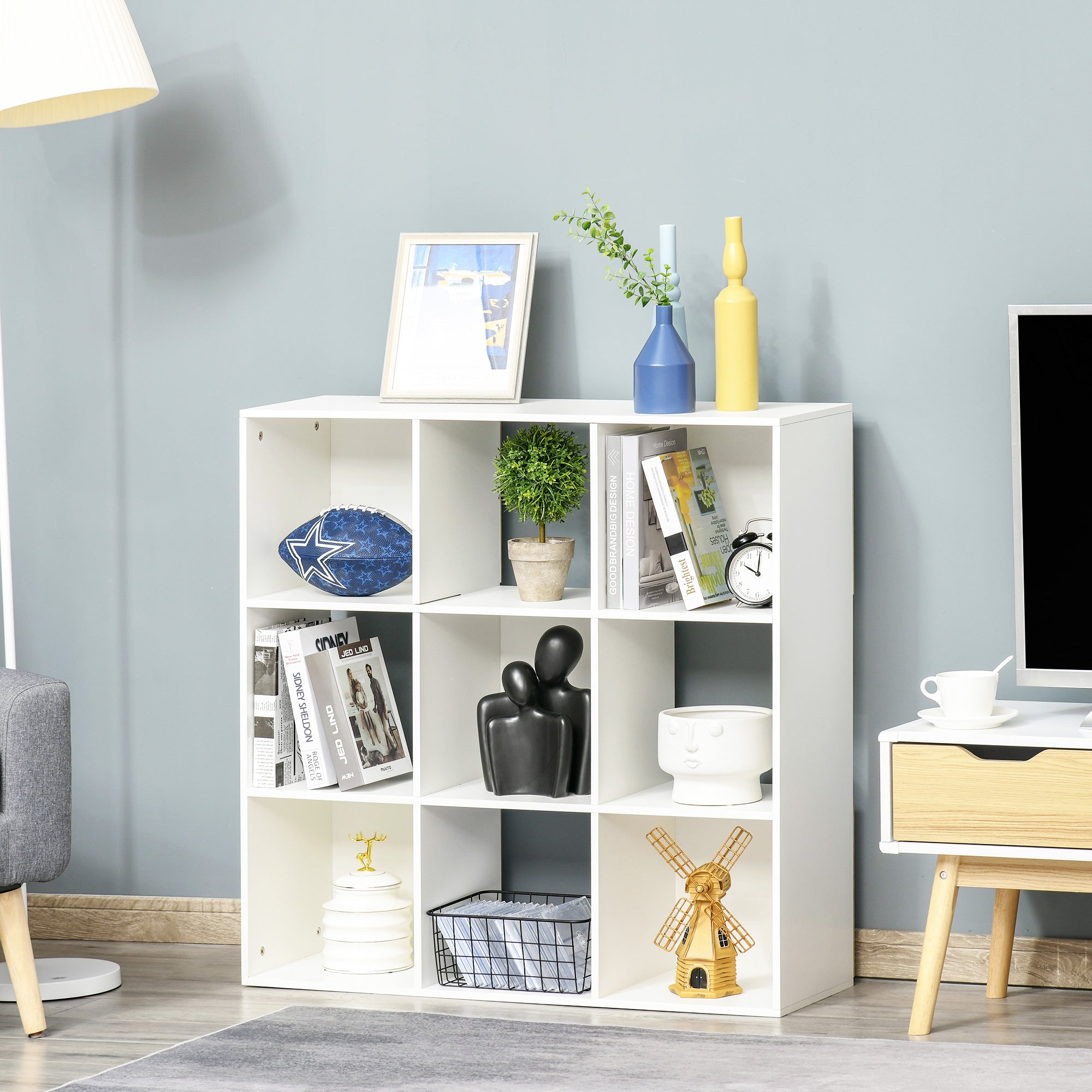 Easycomfort Libreria Bianca per Casa e Ufficio, Scaffale dal Design Moderno with 9 Scomparti in Legno, 91.5 x 29.5 x 91.5 cm