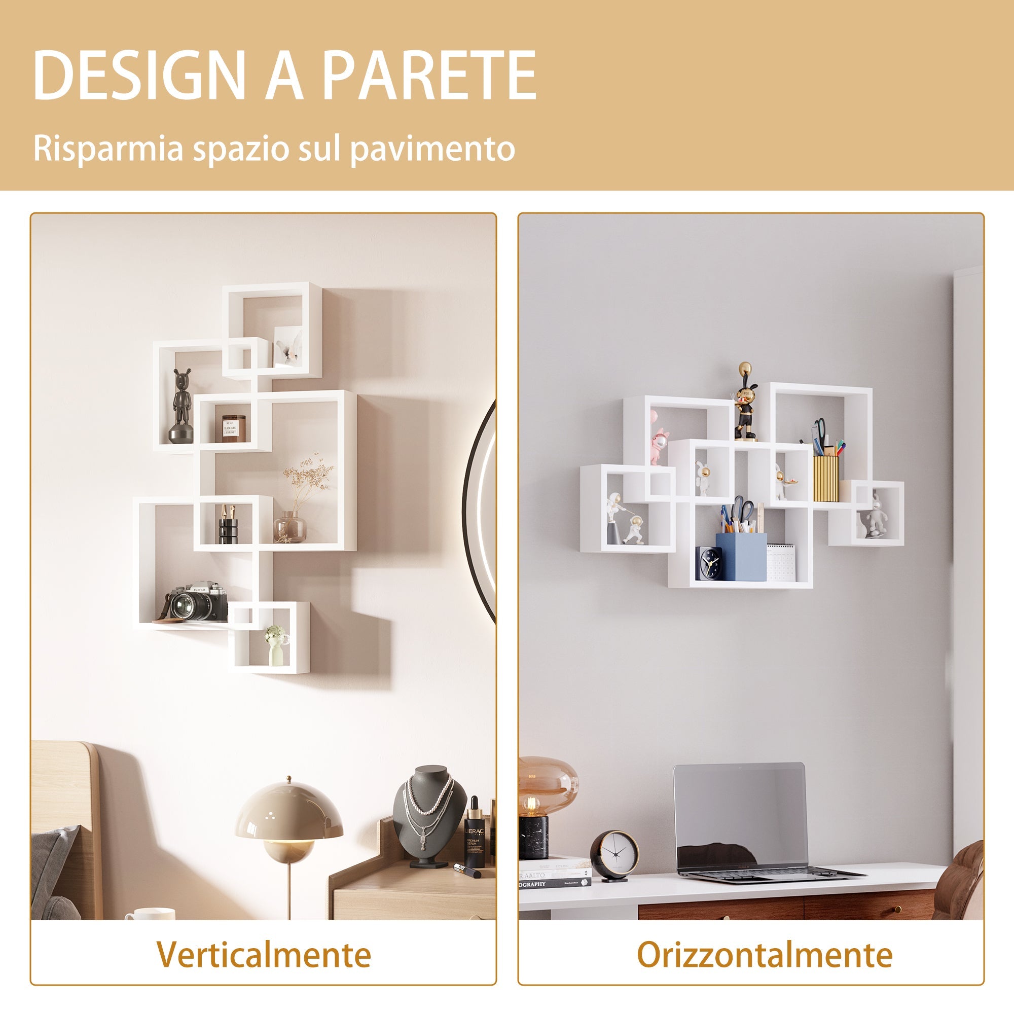 Easycomfort Libreria Moderna Sospesa with 5 Cubi Intrecciati in Legno, 49.5x10.2x86cm, white
