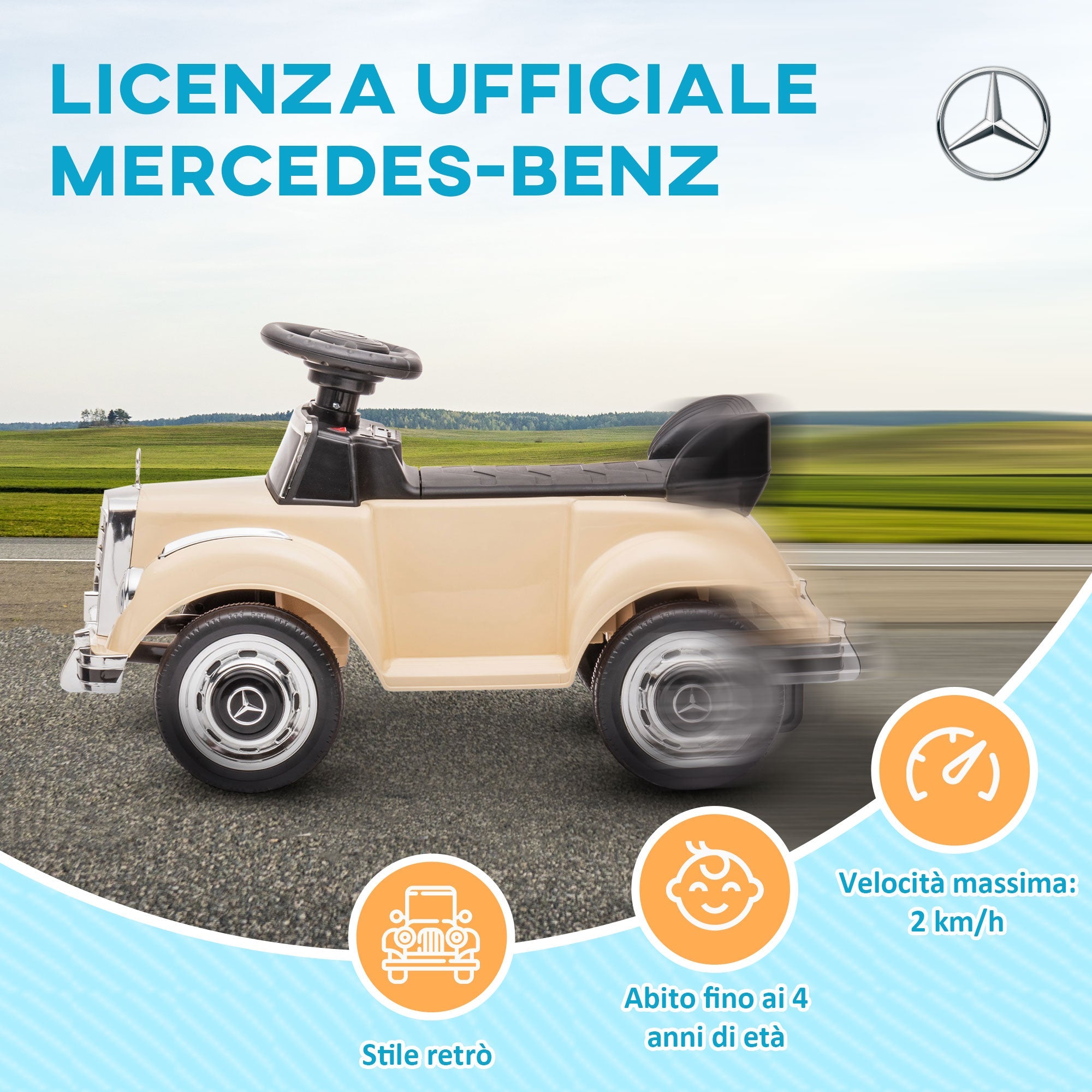 EasyComfort Macchina Elettrica per Bambini 18-48 Mesi con un clacson funzionante e USB, Auto Licenza Mercedes-Benz con Musica, Beige