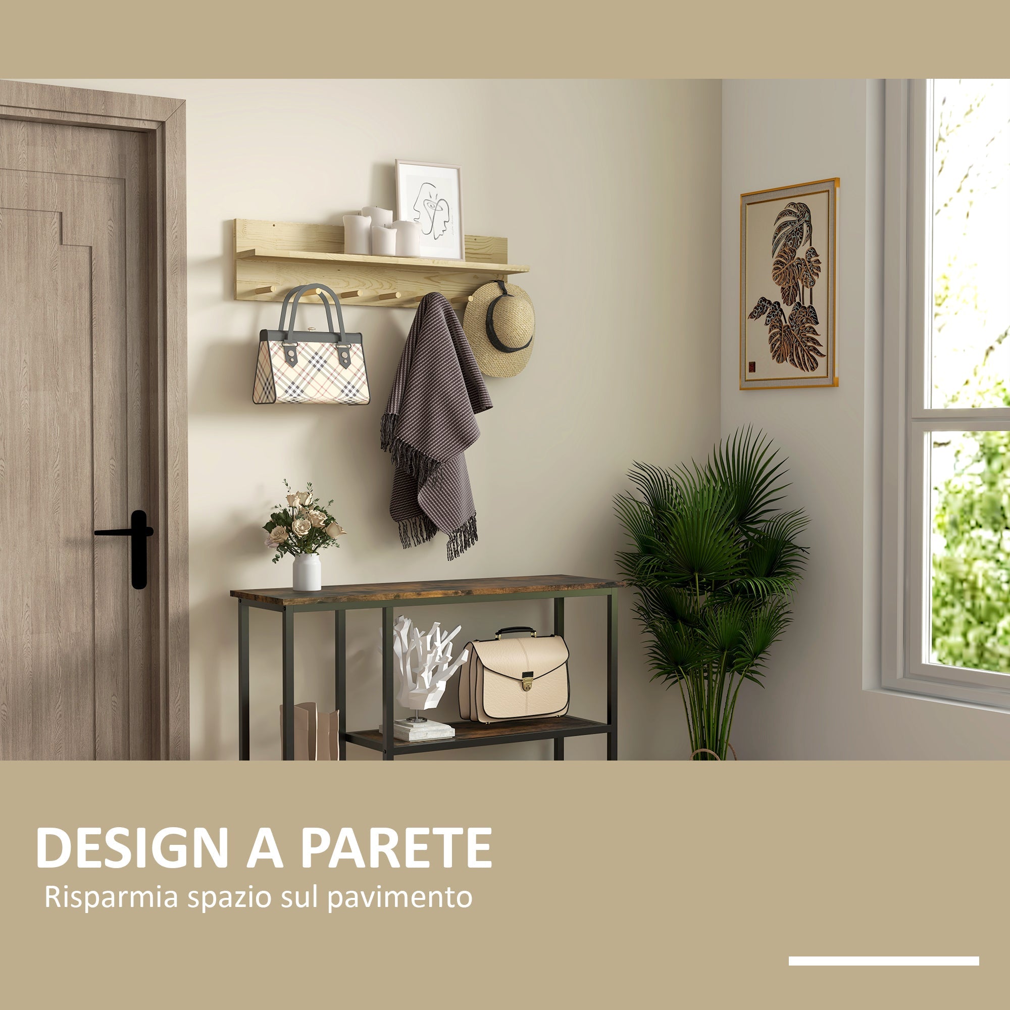 EasyComfort Mensola da Parete in Legno di Abete with 7 Ganci per Ingresso e Soggiorno, 80x12x20 cm