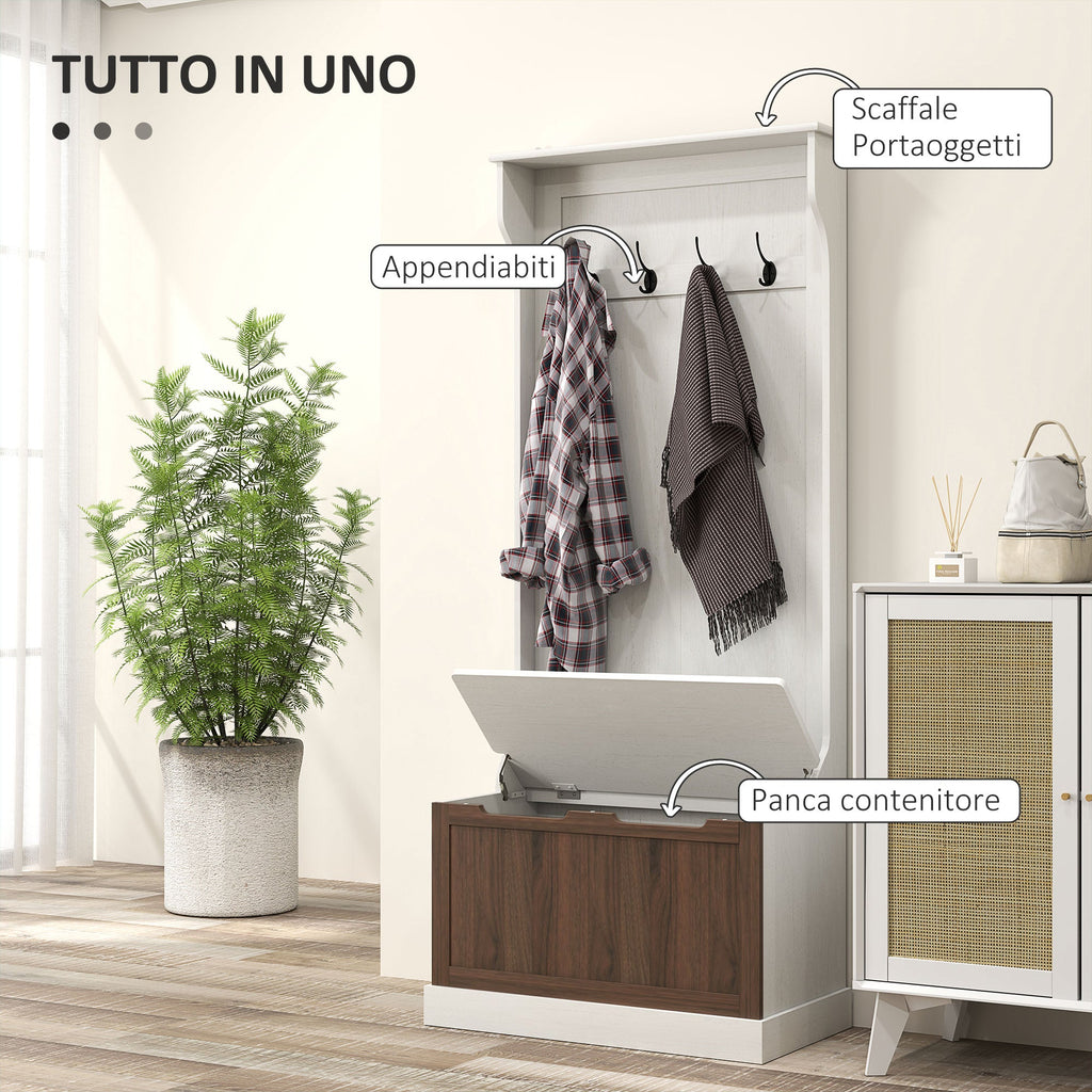 EasyComfort Mobile Appendiabiti 3 in 1 with 4 Ganci e Panca Contenitore, in Legno, 71.5x39.5x170 cm, white