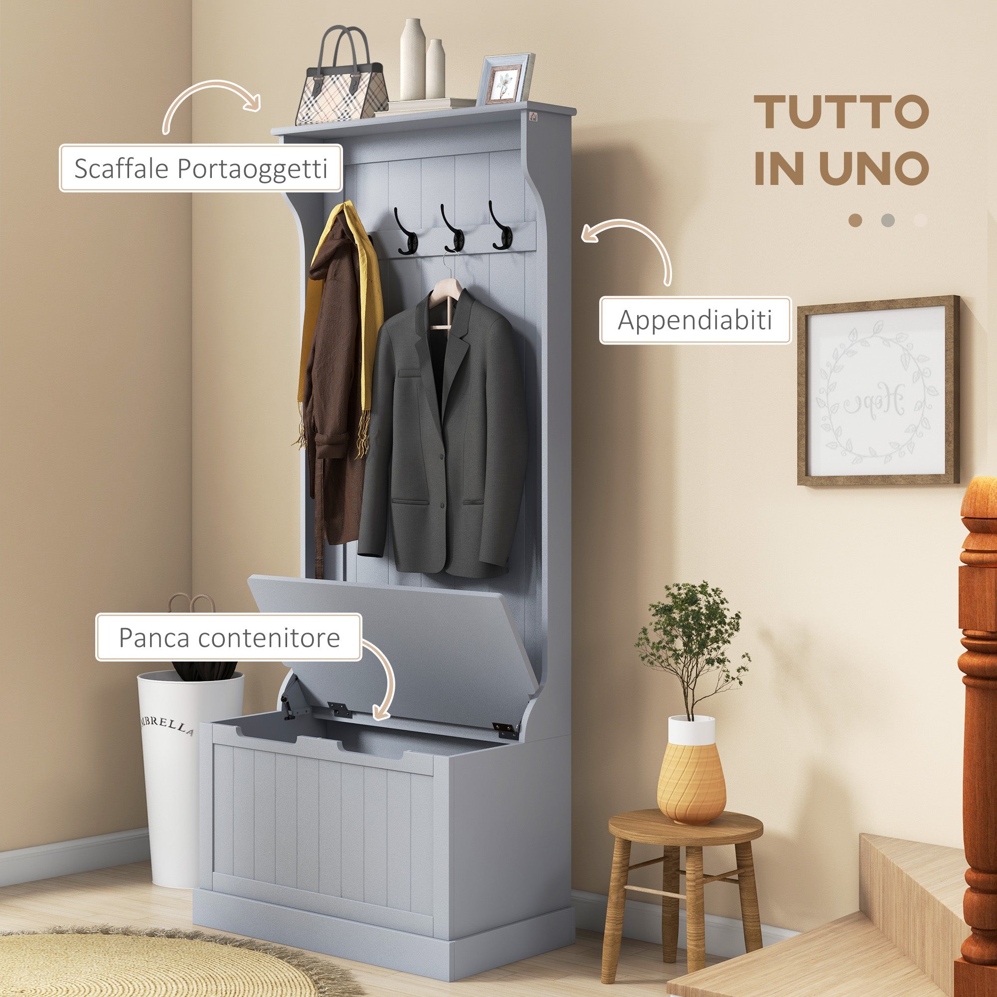 EasyComfort Mobile Appendiabiti 3 in 1 with 4 Ganci e Panca Contenitore, in Legno, 71.5x39.5x170 cm, Grigio