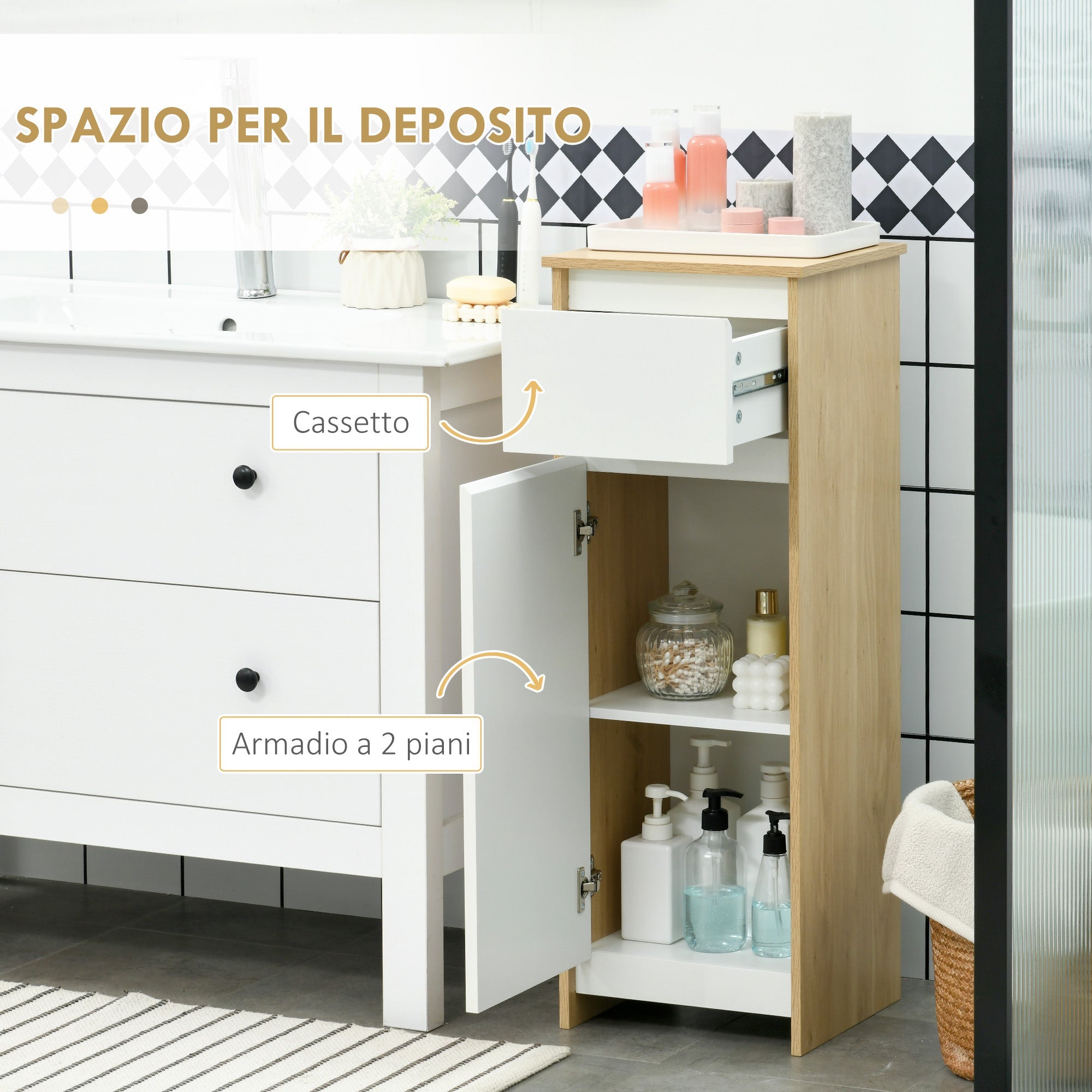 EasyComfort Mobile Bagno Badkamermeubel met lade en kast, verstelbare plank, MDF, 32.6x30x90 cm