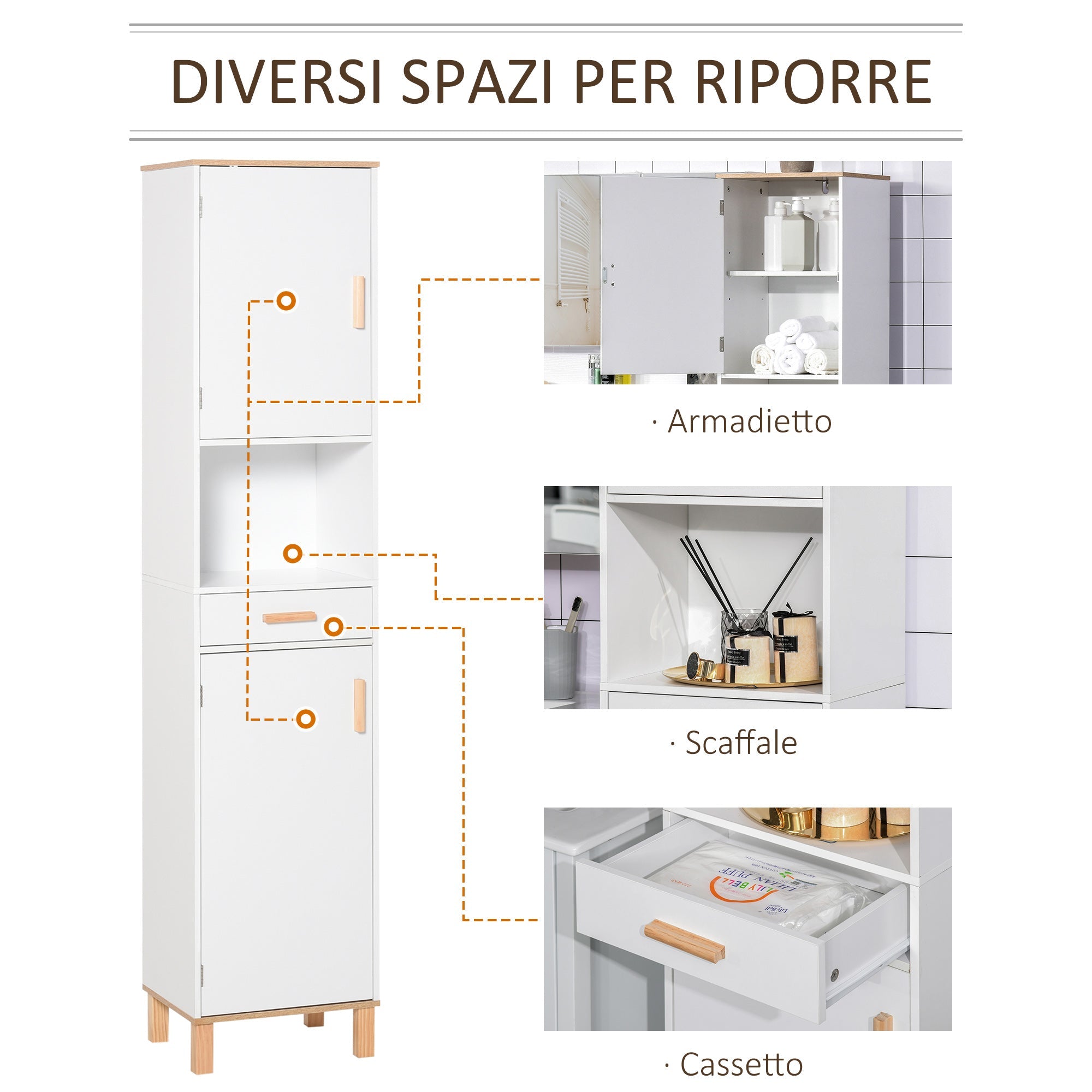 Easycomfort Mobile Bagno Salvaspazio in Legno, Mobile a Colonna with Armadietti e Cassetto, 39x30x180cm, white
