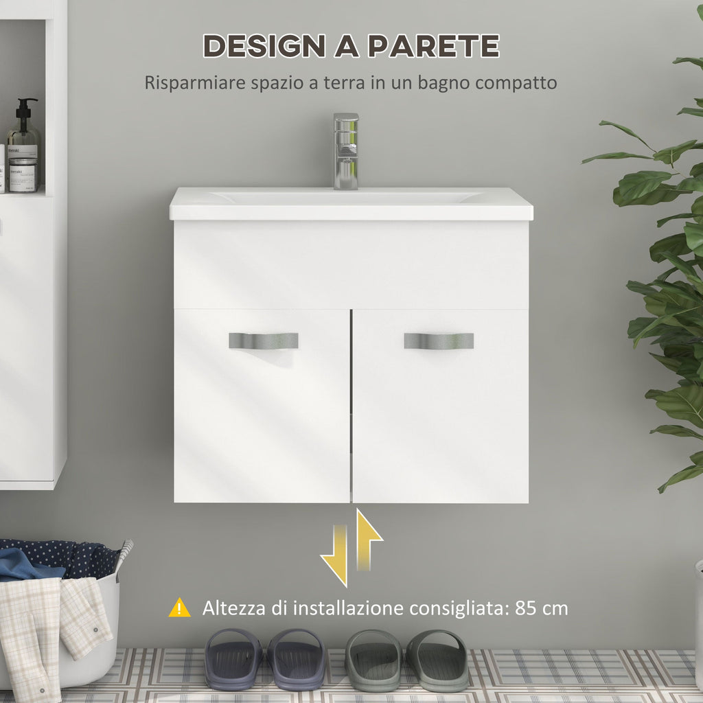 EasyComfort Mobile Bagno Sospeso with Lavabo, Armadietto a 2 Ante with Cerniere Ammortizzate, 61x40x50cm, white Lucido