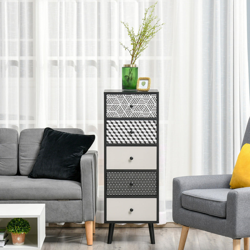 Easycomfort Mobile Cassettiera 5 Cassetti Fantasia Geometrica, Arredamento Moderno Camera e Ingresso, 40x40x111.5cm black Grigio