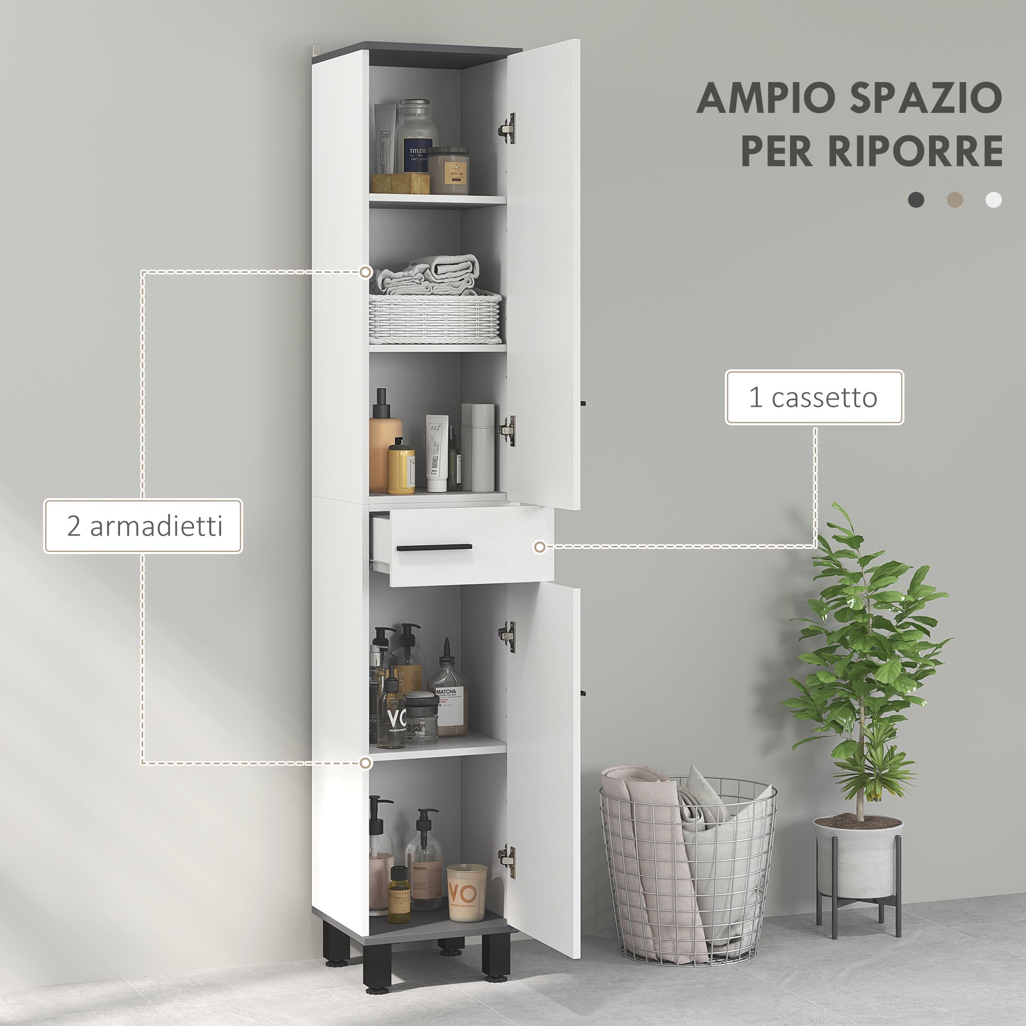 EasyComfort Colonna badmeubelkolom met 2 kastjes en lade, 34x32x190 cm