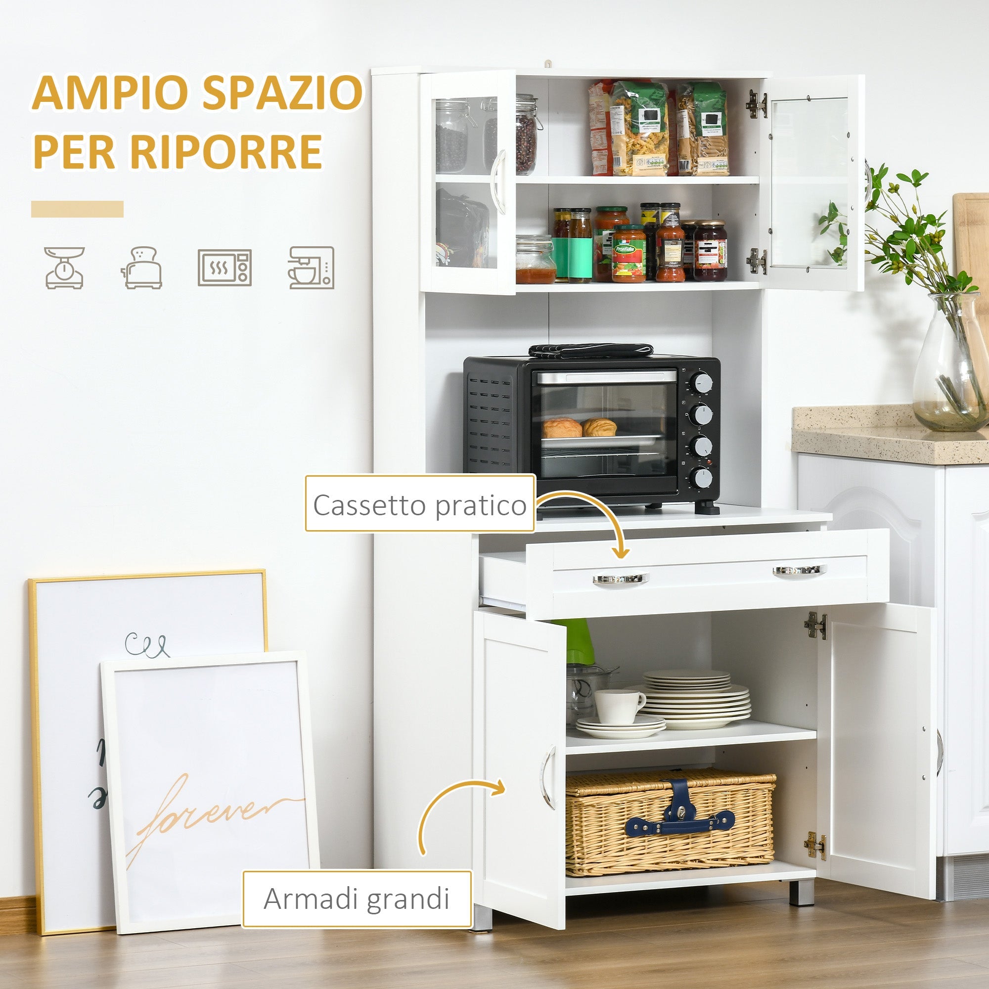 EasyComfort Mobile Cucina Moderno with 2 Armadietti, Ante in Vetro e Mensole Regolabili, 80x48x170 cm, white