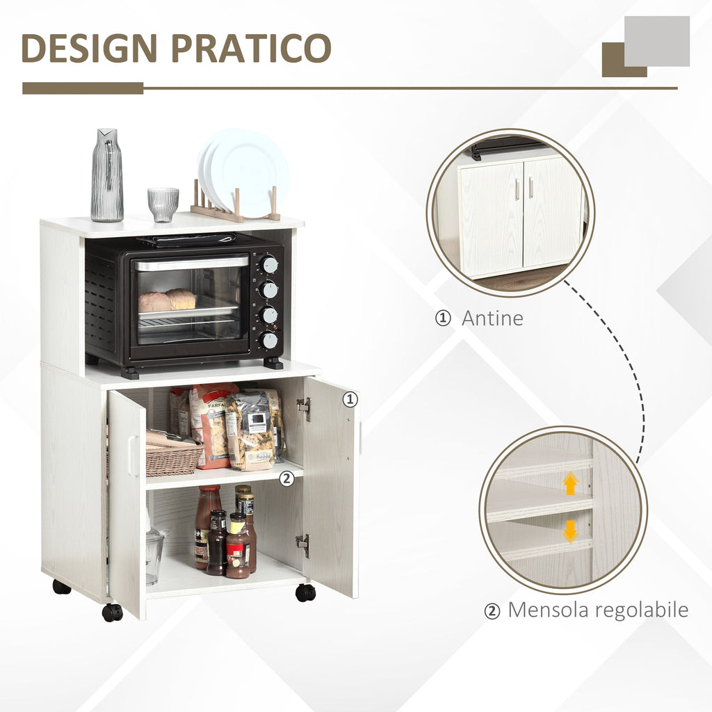 Easycomfort Mobile Cucina Multiuso with Ruote, Armadietto e Ripiano per Microonde, Credenza Alta in Legno Truciolare, 60.4x40.3x97cm white