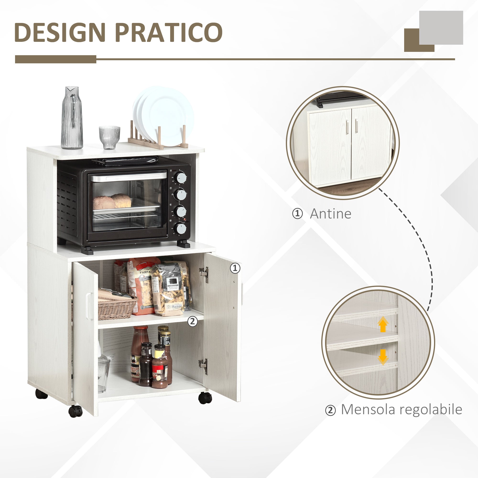Easycomfort Mobile Cucina Multiuso with Ruote, Armadietto e Ripiano per Microonde, Credenza Alta in Legno Truciolare, 60.4x40.3x97cm white