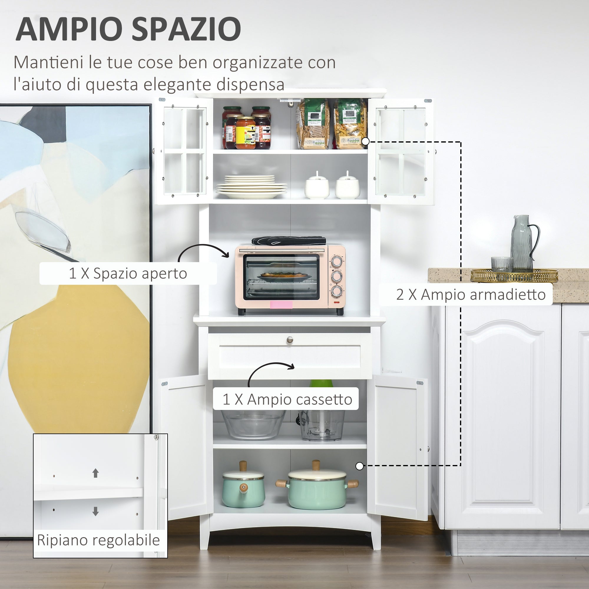 Easycomfort Mobile Dispensa Alto with 2 Armadietti, Ripiani Regolabili e Piano d'Appoggio, in MDF, 68.6x40x164 cm, white