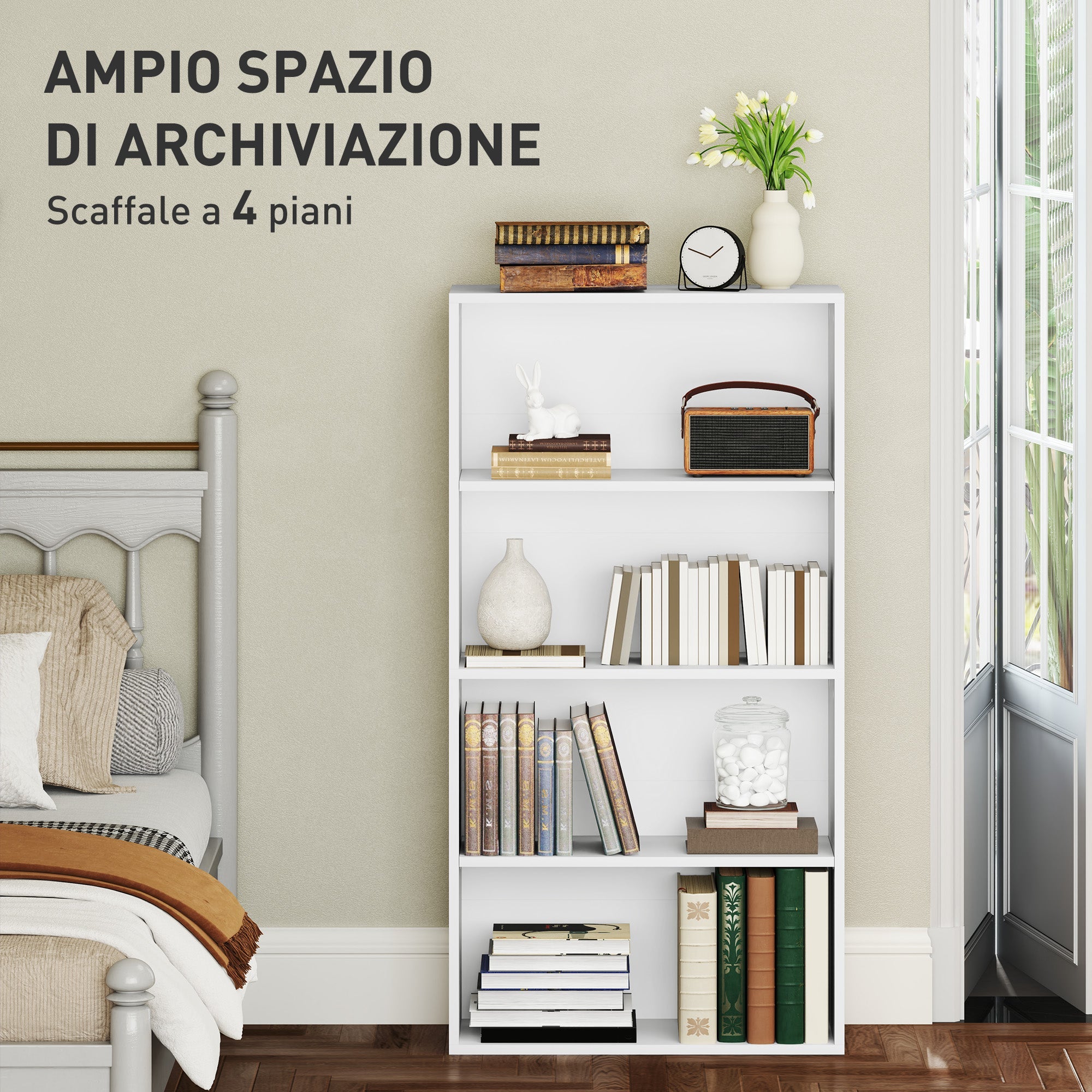 EasyComfort Mobile Libreria a 4 Ripiani with 2 Scaffali Flessibili, in Legno, 60x24x115.5 cm, white