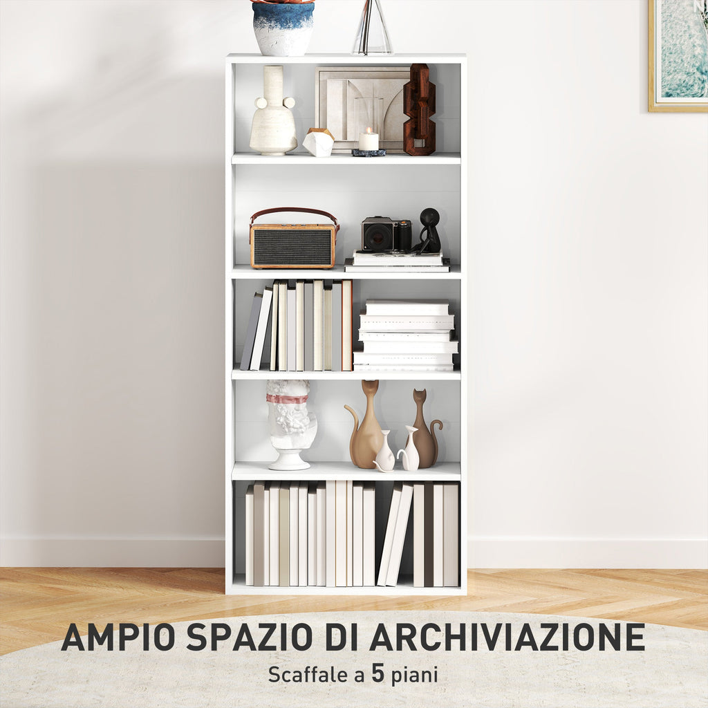 EasyComfort Mobile Libreria a 5 Ripiani with 3 Scaffali Flessibili, in Legno, 60x24x133.5 cm, white
