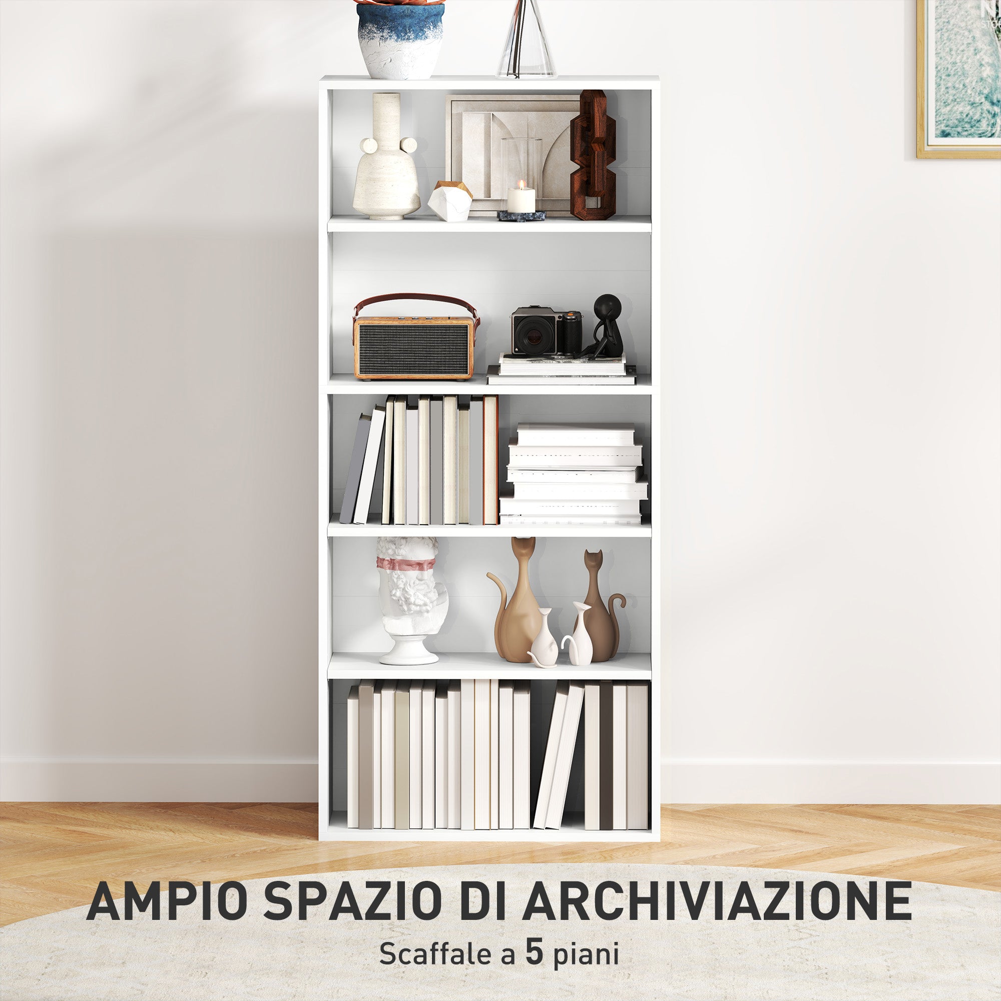 EasyComfort Mobile Libreria a 5 Ripiani with 3 Scaffali Flessibili, in Legno, 60x24x133.5 cm, white