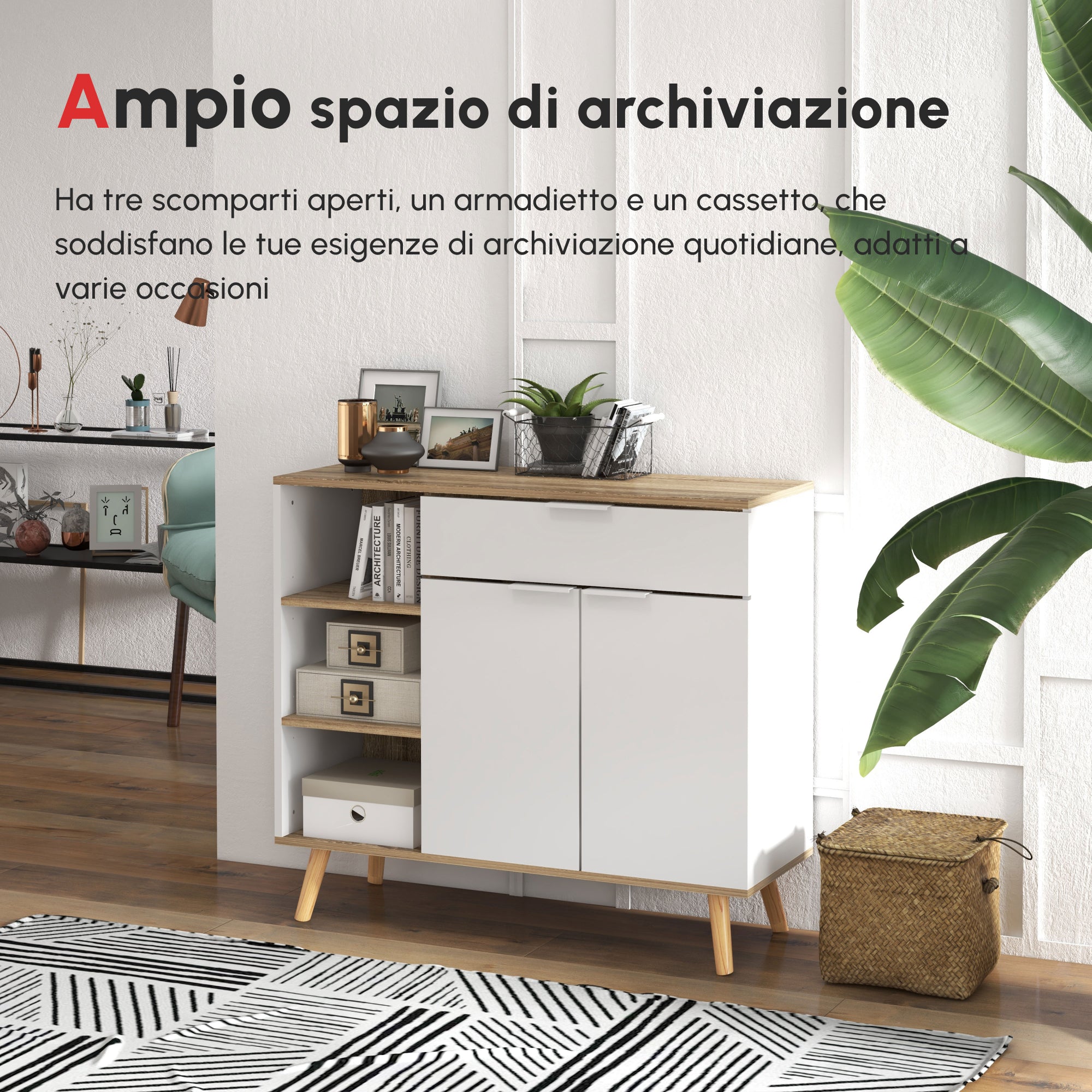 EasyComfort Mobile Multiuso Salvaspazio with 3 Ripiani Aperti, Armadietto e Cassetto, in Truciolato, 95x35x85 cm