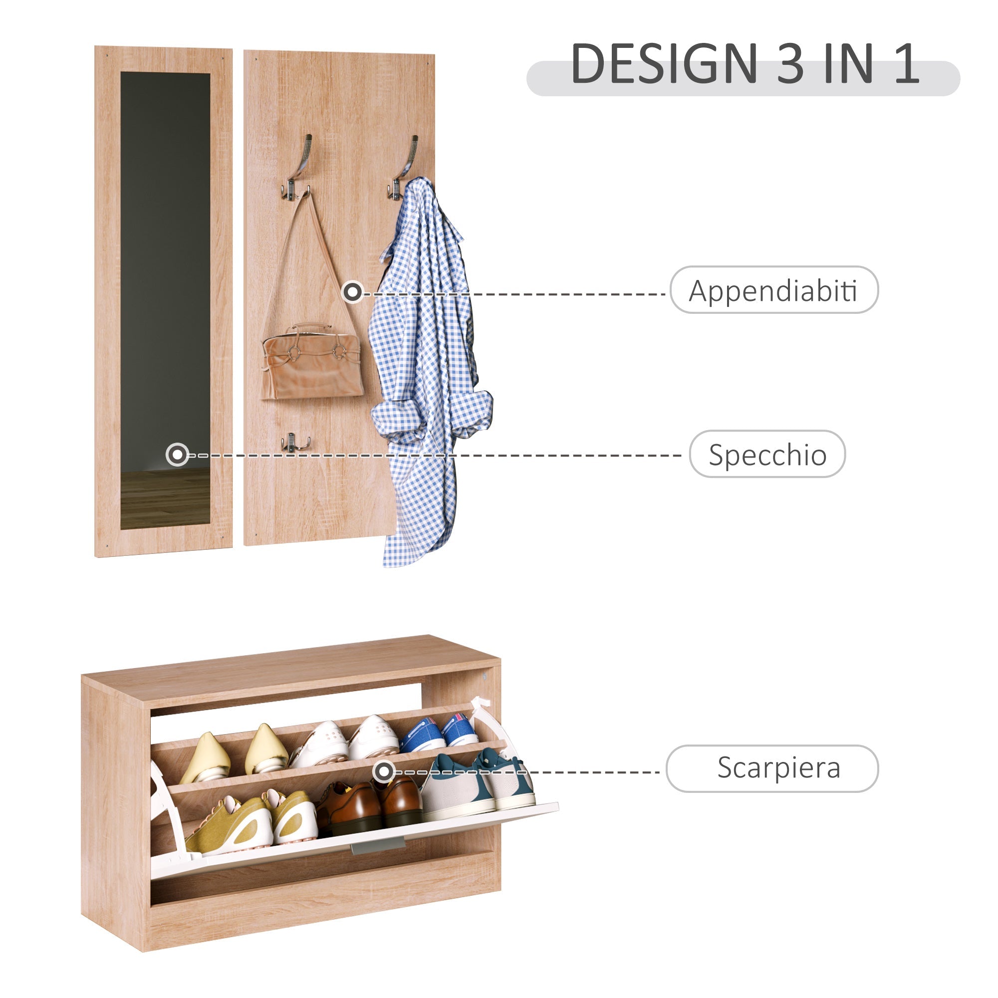 EasyComfort Set 3-delig halmeubel hout - schoenenkast 80x27x46,5 cm