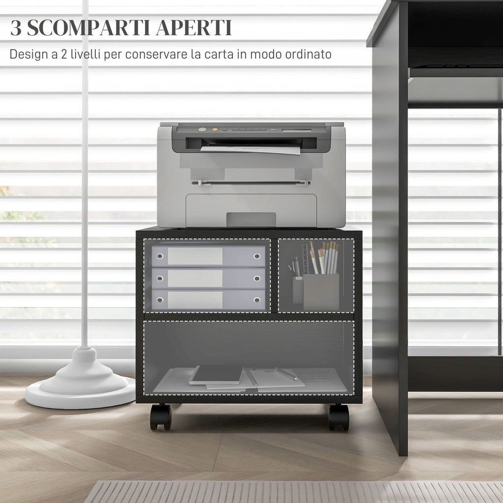 EasyComfort Printermeubel 2 niveaus – 3 vakken, wielen, 40x30x36 cm, zwart