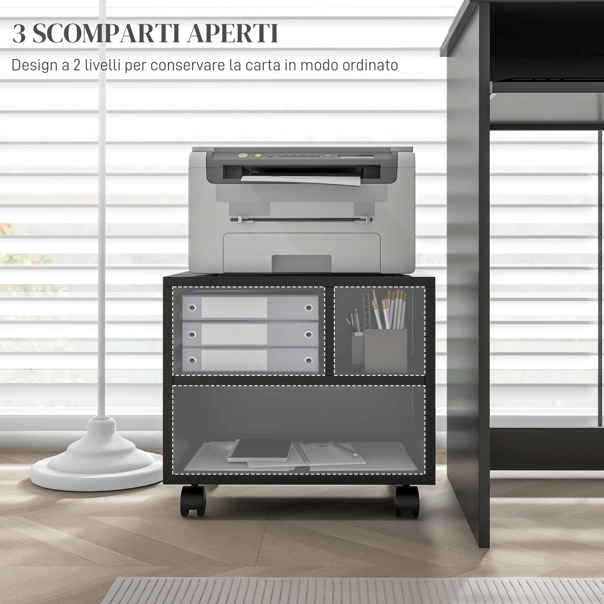 EasyComfort Printermeubel 2 niveaus – 3 vakken, wielen, 40x30x36 cm, zwart