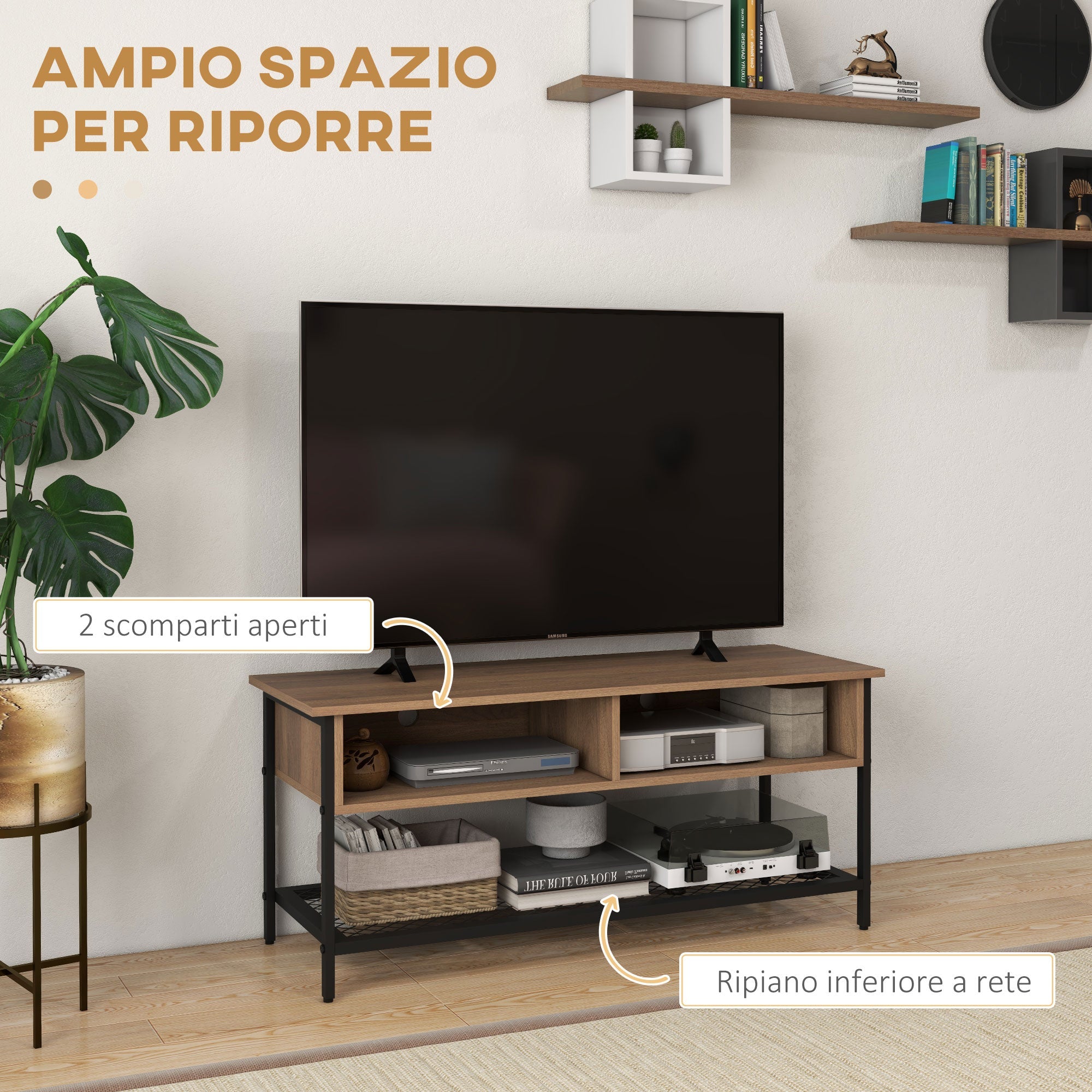 Easycomfort Mobile Porta TV fino 48" Stile Industriale in Legno e Acciaio, 110x40x48cm, Marrone e black