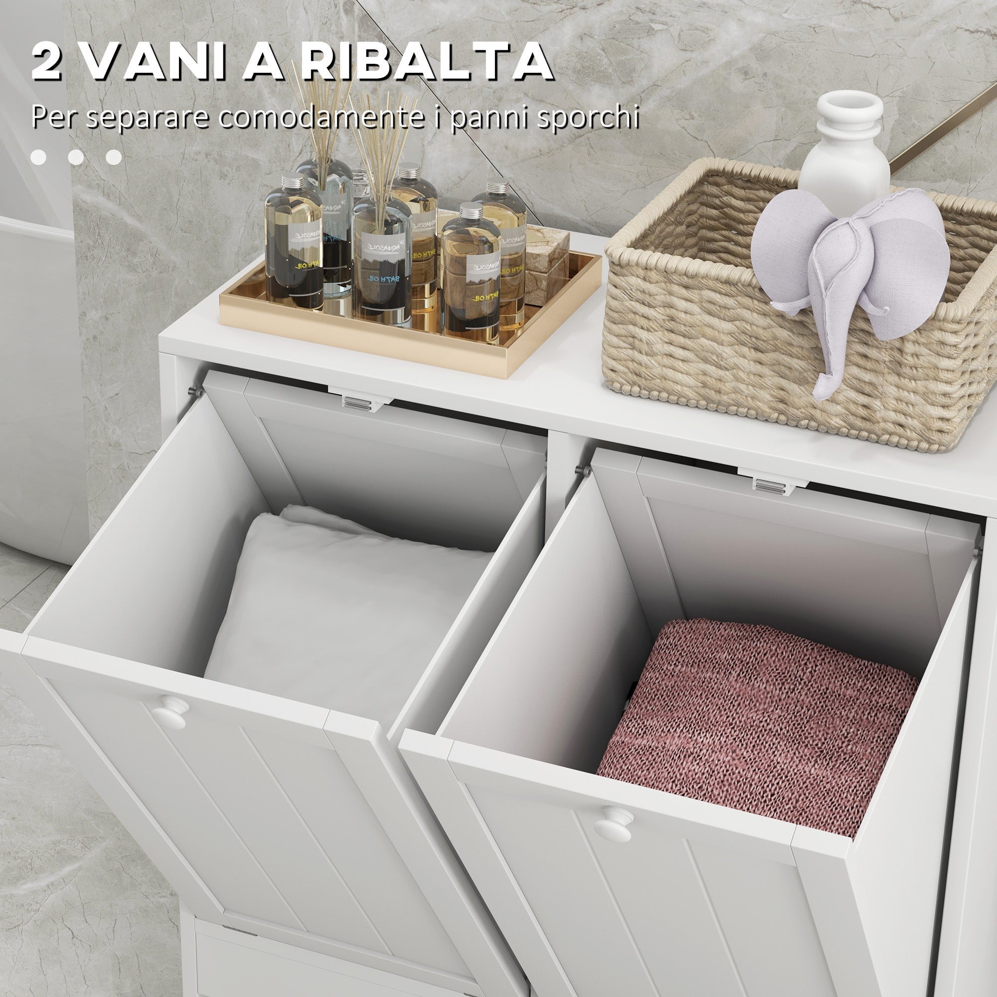 EasyComfort Mobile Portabiancheria with 2 Scomparti a Ribalta in Legno, 66x33x68cm, white
