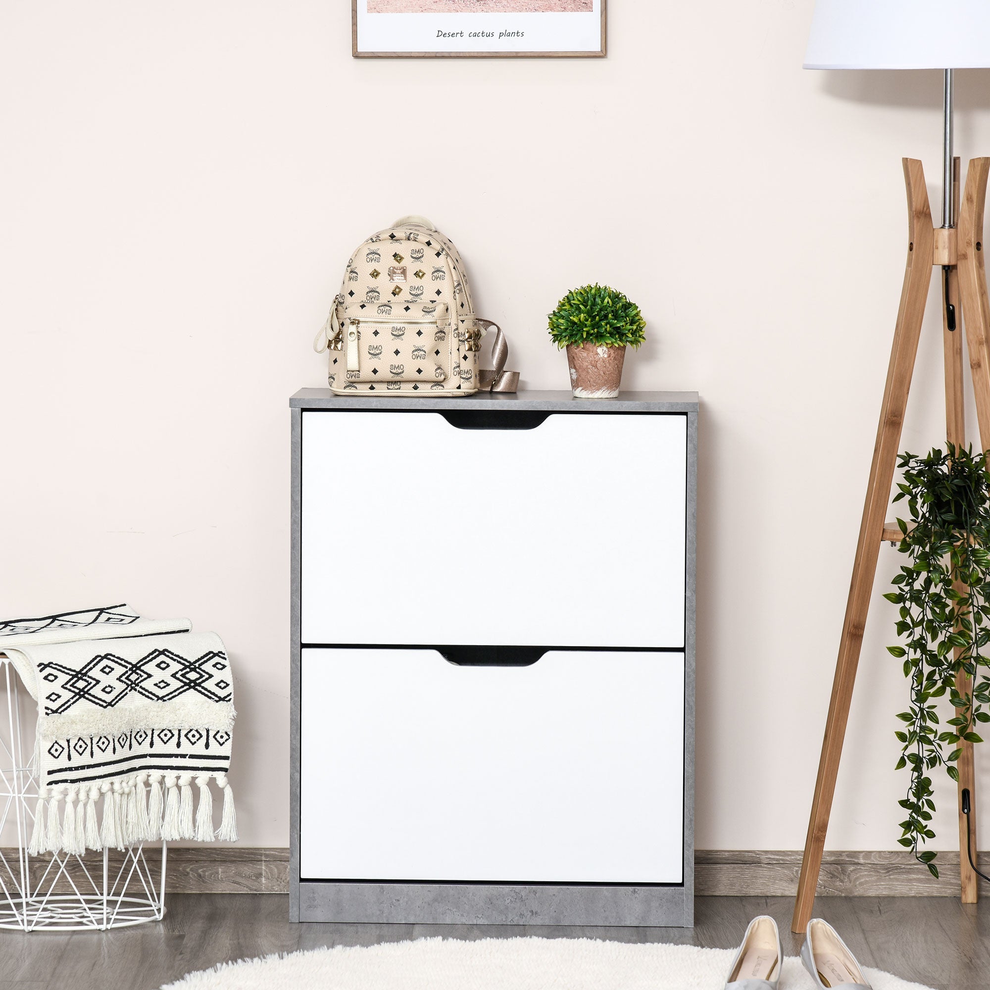 Easycomfort Mobile Portascarpe, Scarpiera Salvaspazio Bassa a 2 Ante per 8 Paia di Scarpe, Arredamento Moderno, Grigio e white, 62.5x26x81cm
