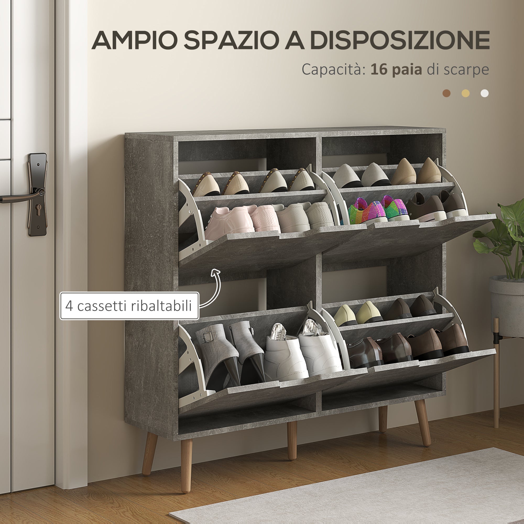 EasyComfort Mobile Scarpiera with 4 Cassetti Ribaltabili a 2 Livelli per 16 Paia, in Legno, 95x26x95 cm, Grigio