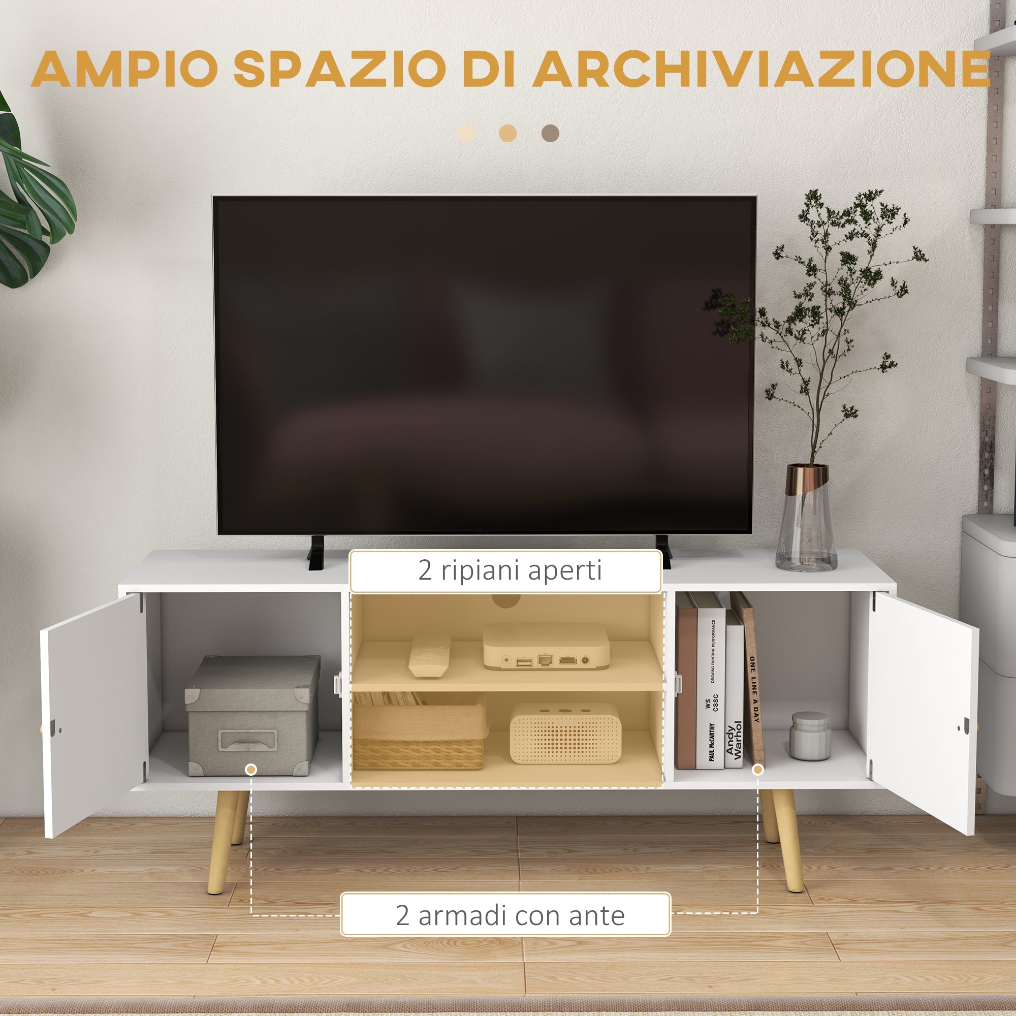 EasyComfort Mobile TV 55" tv-meubel, 2 kasten & 2 open planken, 120x34x50 cm, wit