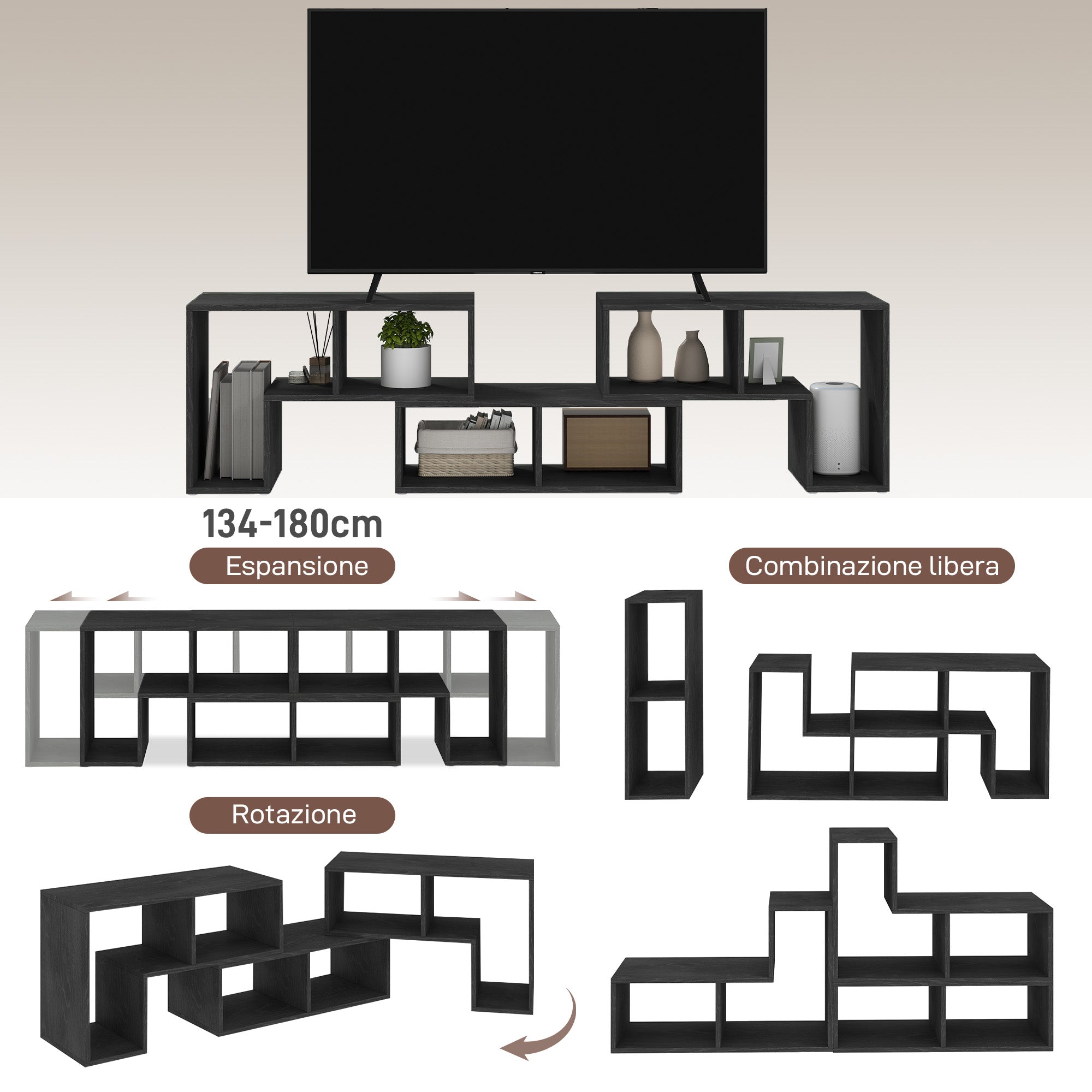 EasyComfort TV-meubel modulair 75" - 2 L-planken + rechthoekige plank, 134-180x30.5x44 cm