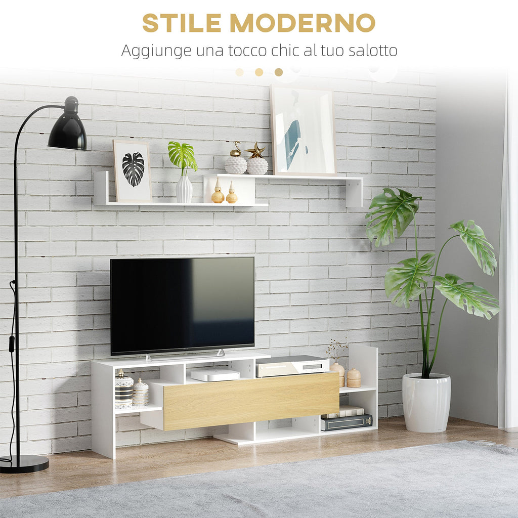 EasyComfort Mobile TV with Mensola a Muro, Ripiani Aperti e Armadietto in Legno, white e Legno Naturale