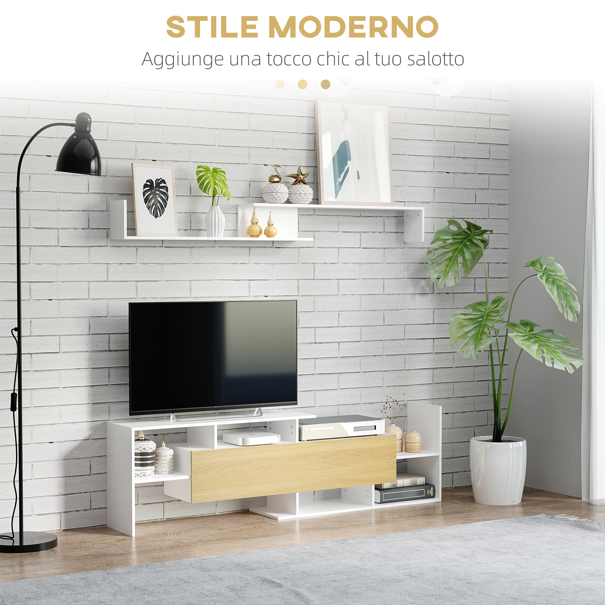 EasyComfort Mobile TV with Mensola a Muro, Ripiani Aperti e Armadietto in Legno, white e Legno Naturale