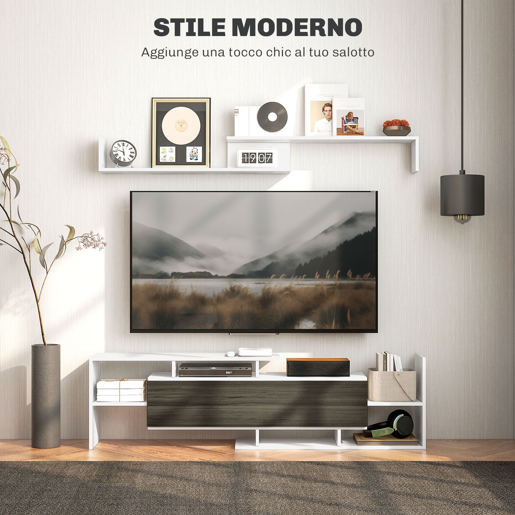 EasyComfort Mobile TV meubel met wandplank, 153.6 cm, wit/zwart