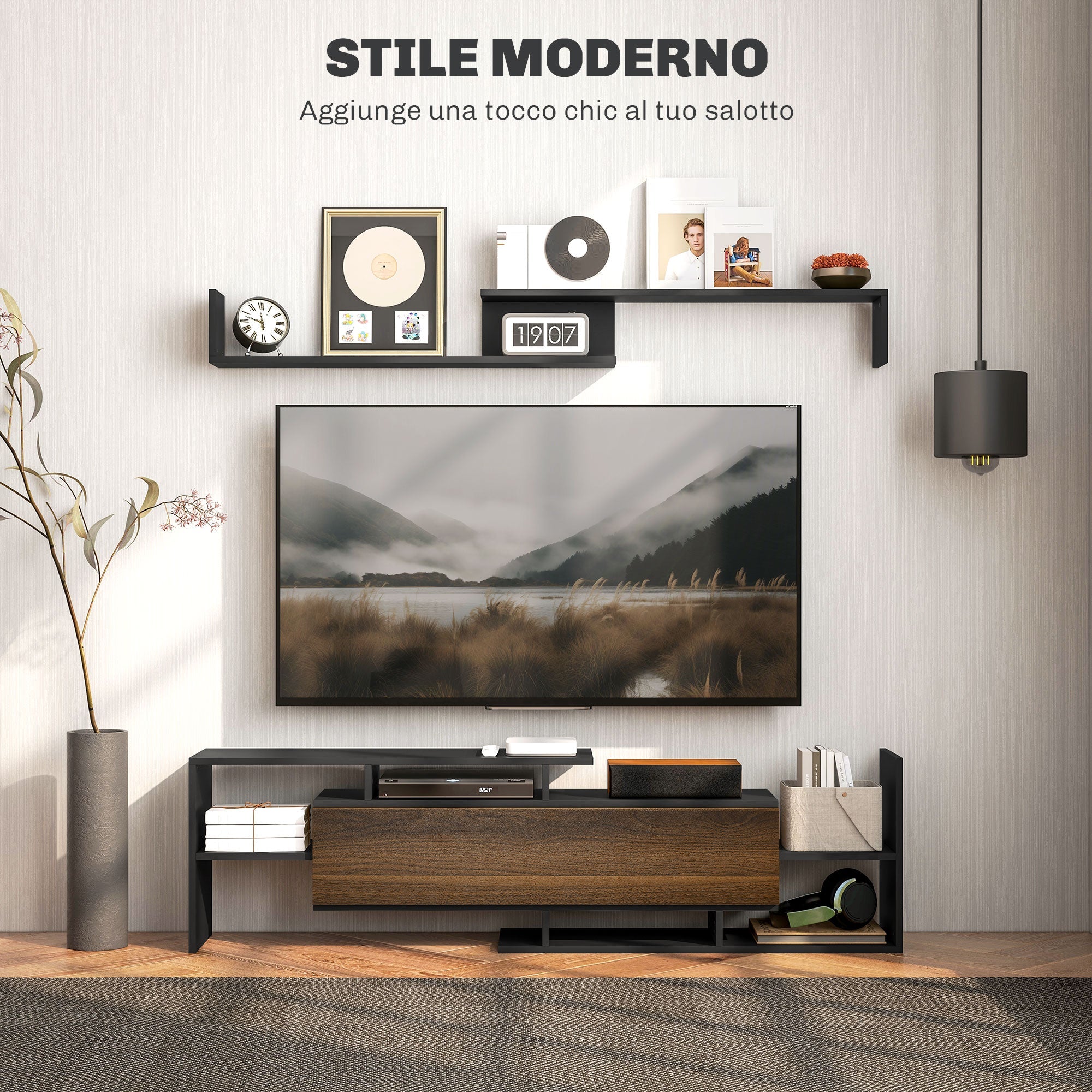EasyComfort TV-meubel met wandplank, open planken en kast, zwart/bruin