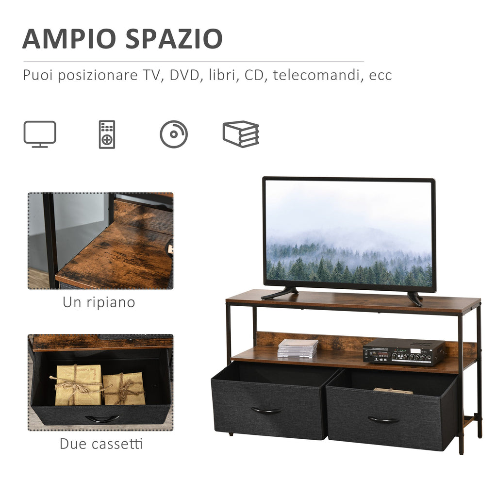Easycomfort Mobile TV Stile Industriale with Cassetti Pieghevoli in Tessuto e Mensola, Mobiletto TV in Metallo e MDF, 98x29x56cm, Marrone e black