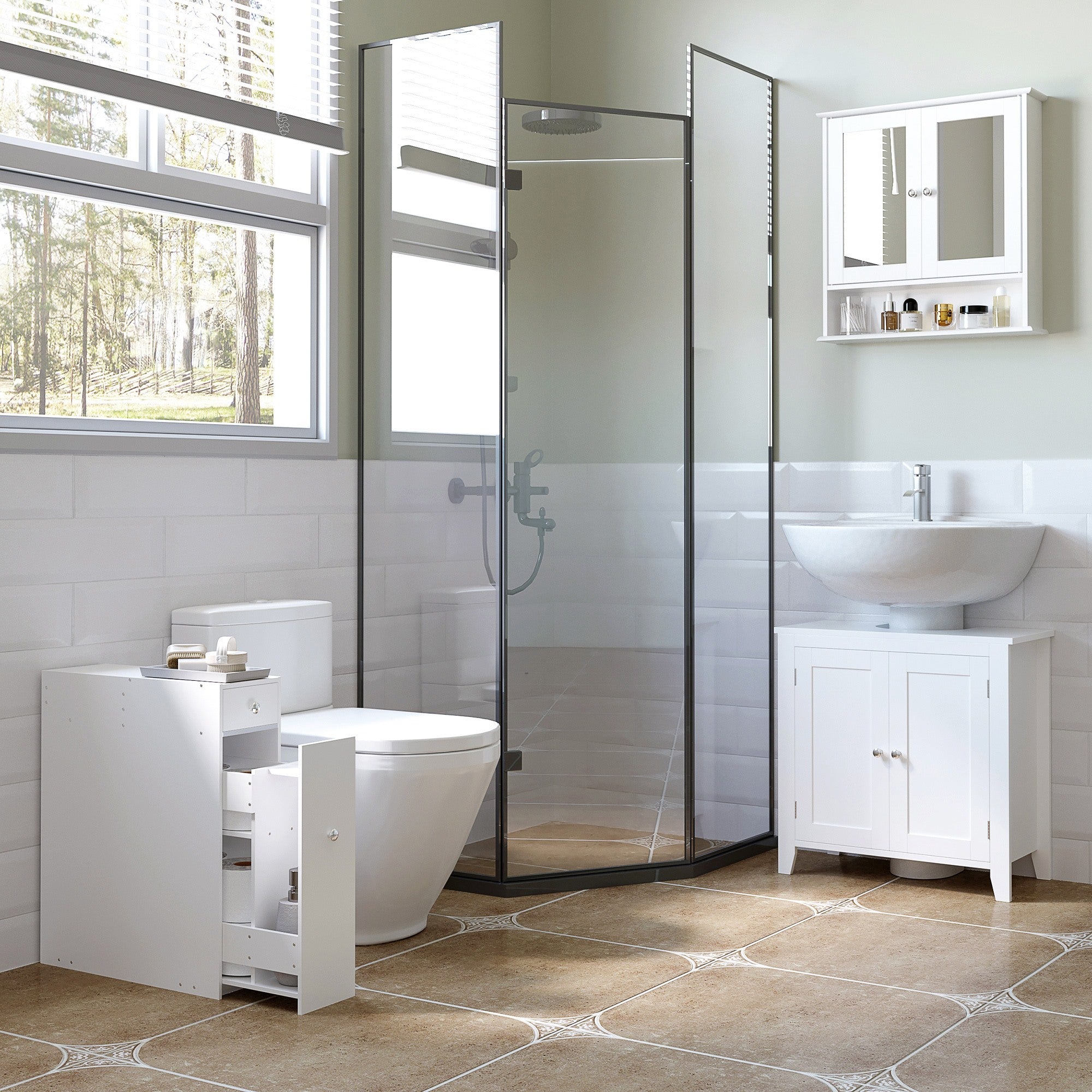 Easycomfort Mobiletto Armadietto a Muro with Specchio da Bagno Cucina in MDF 56 x 13 x 58cm white