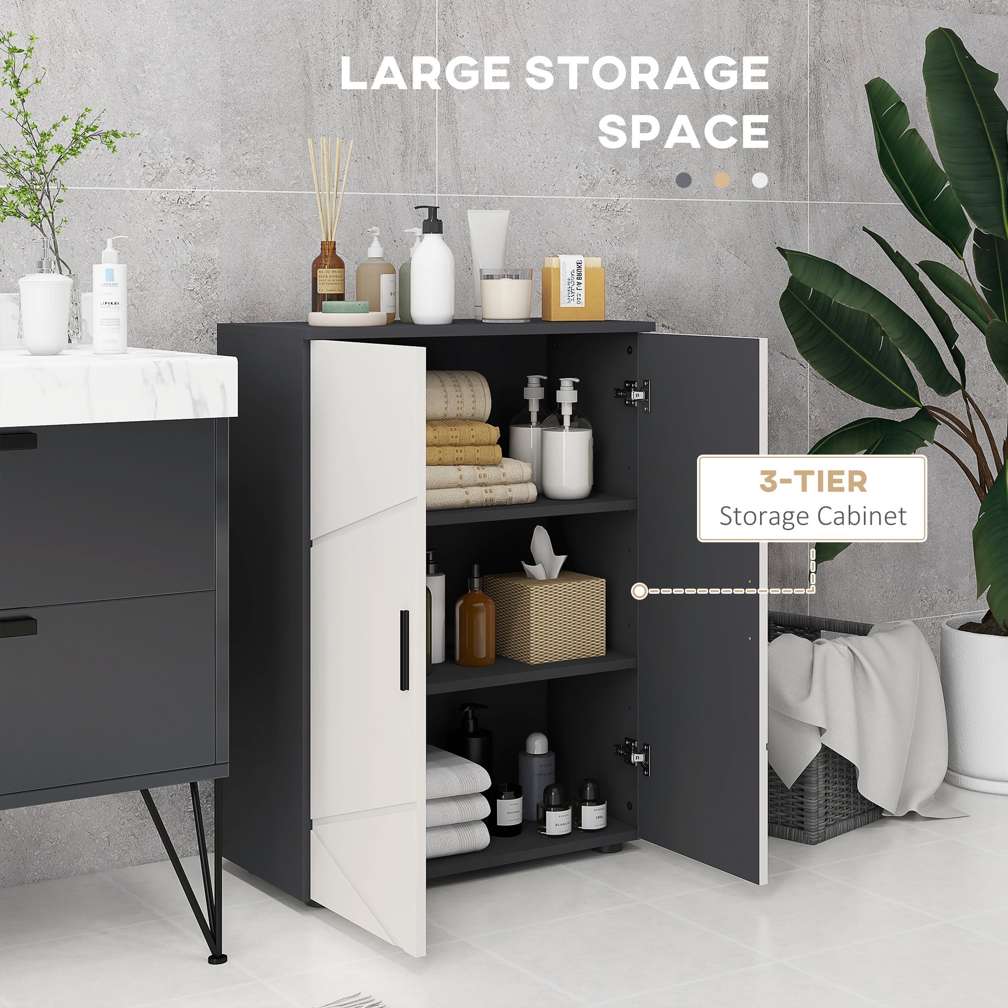 Easycomfort Mobiletto Bagno 2 Ante in Legno with 3 Ripiani e Chiusura Ammortizzata, 60x30x82cm, Grigio