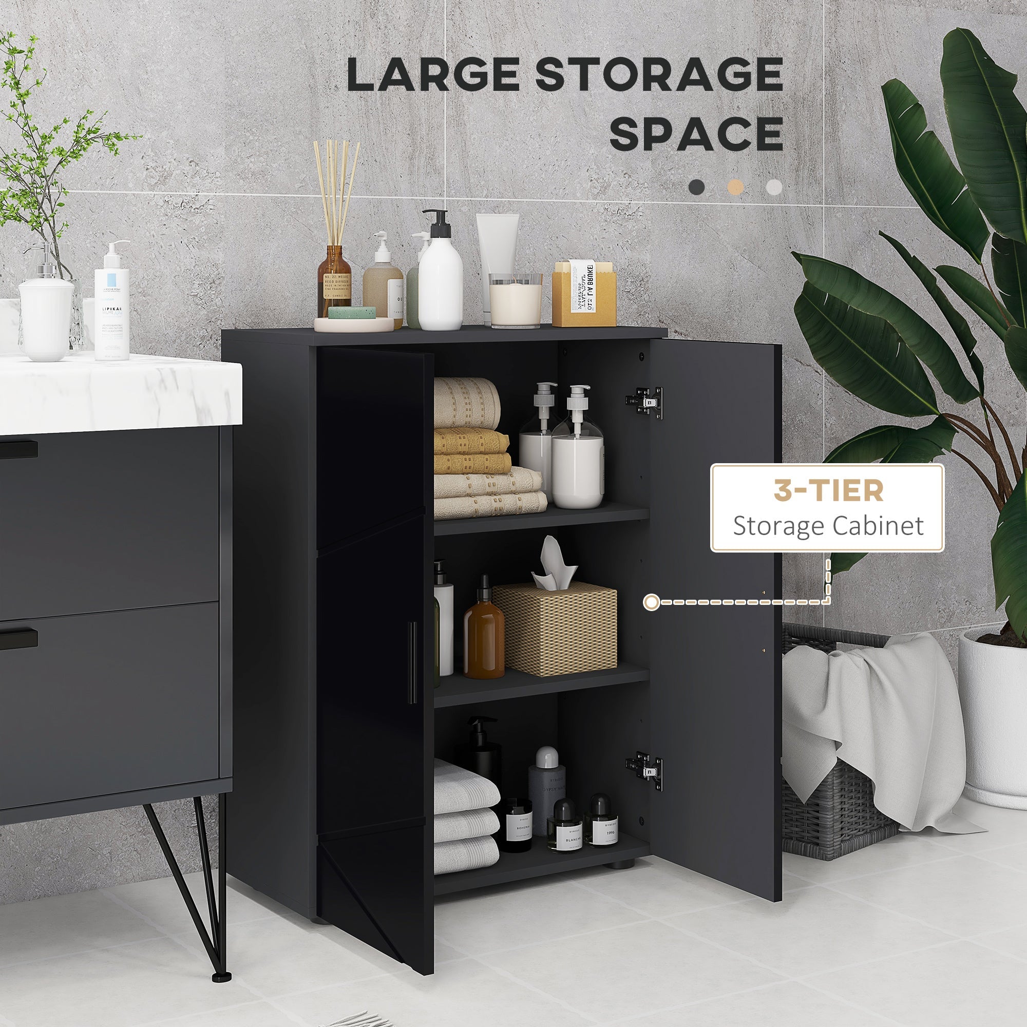 Easycomfort Mobiletto Bagno 2 Ante in Legno with 3 Ripiani e Chiusura Ammortizzata, 60x30x82cm, black