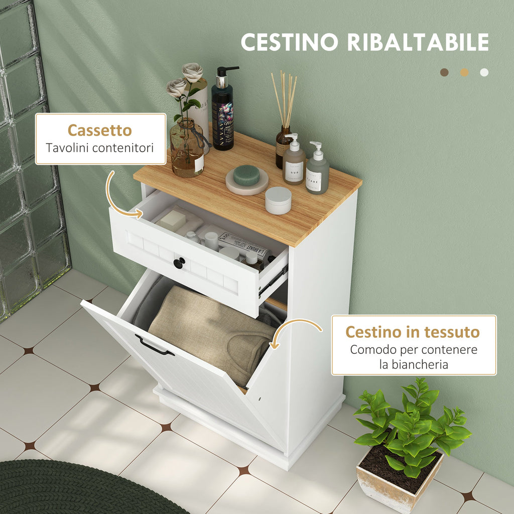 EasyComfort Mobiletto Bagno in Legno with Cesto Portabiancheria in Tessuto Ribaltabile e Cassetto, white