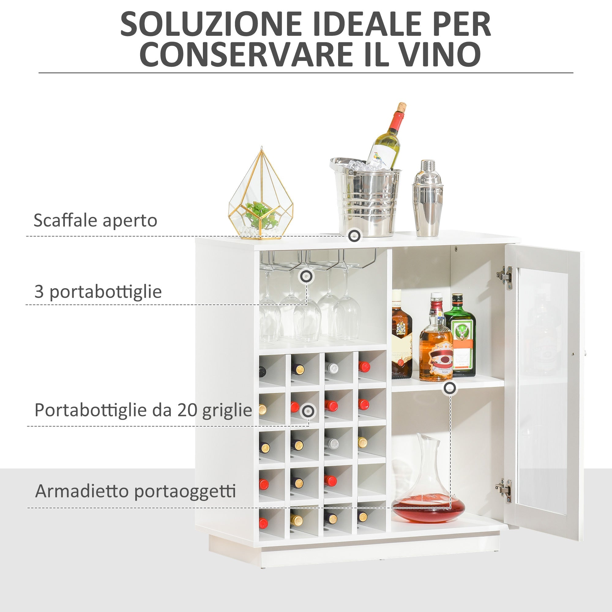 EasyComfort Mobiletto Portabottiglie Vini with Porta Calici e Armadietto, Capacità 20 Bottiglie, 80x36x85 cm, white